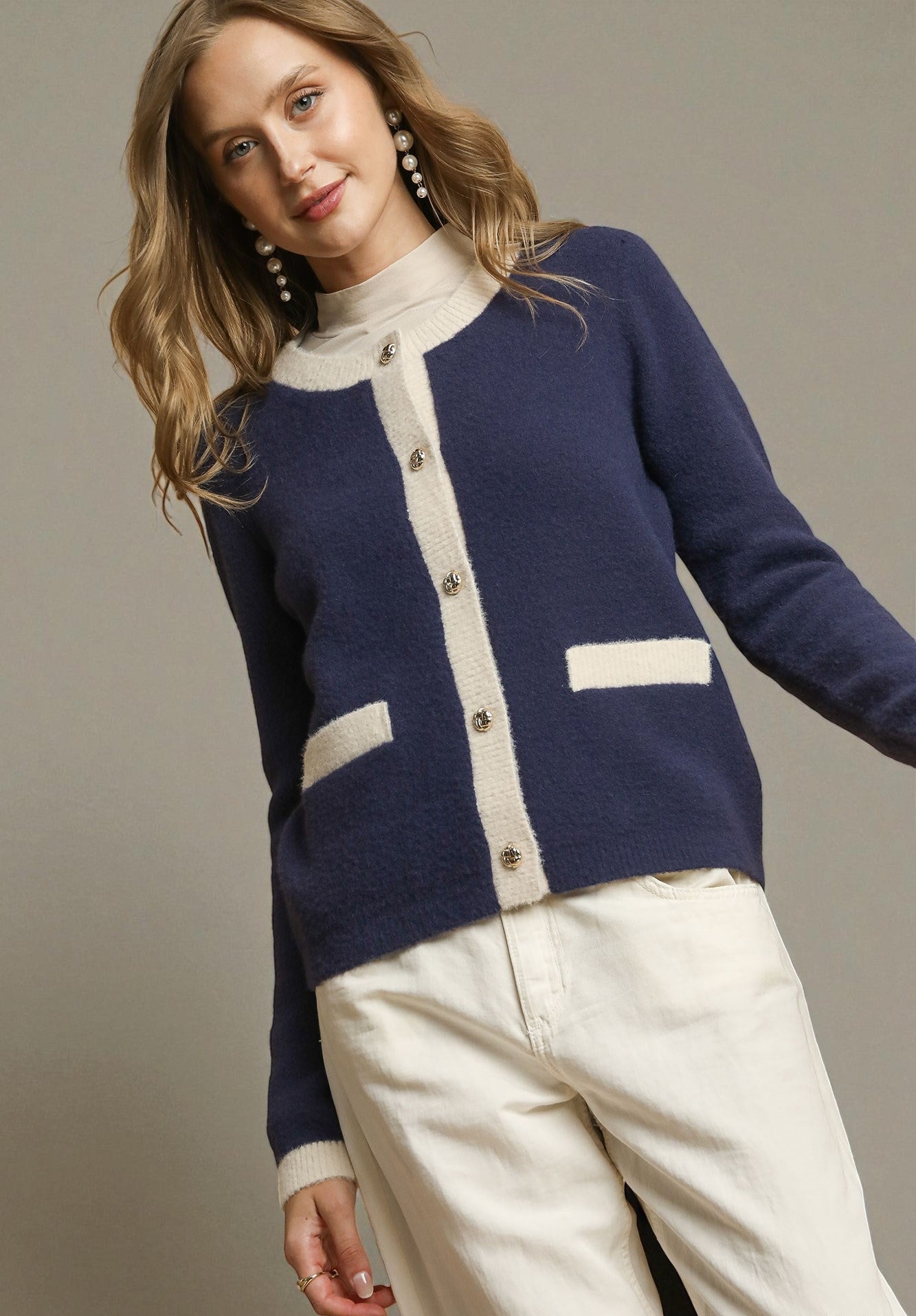 Navy & Cream Contrast Trim Cardigan