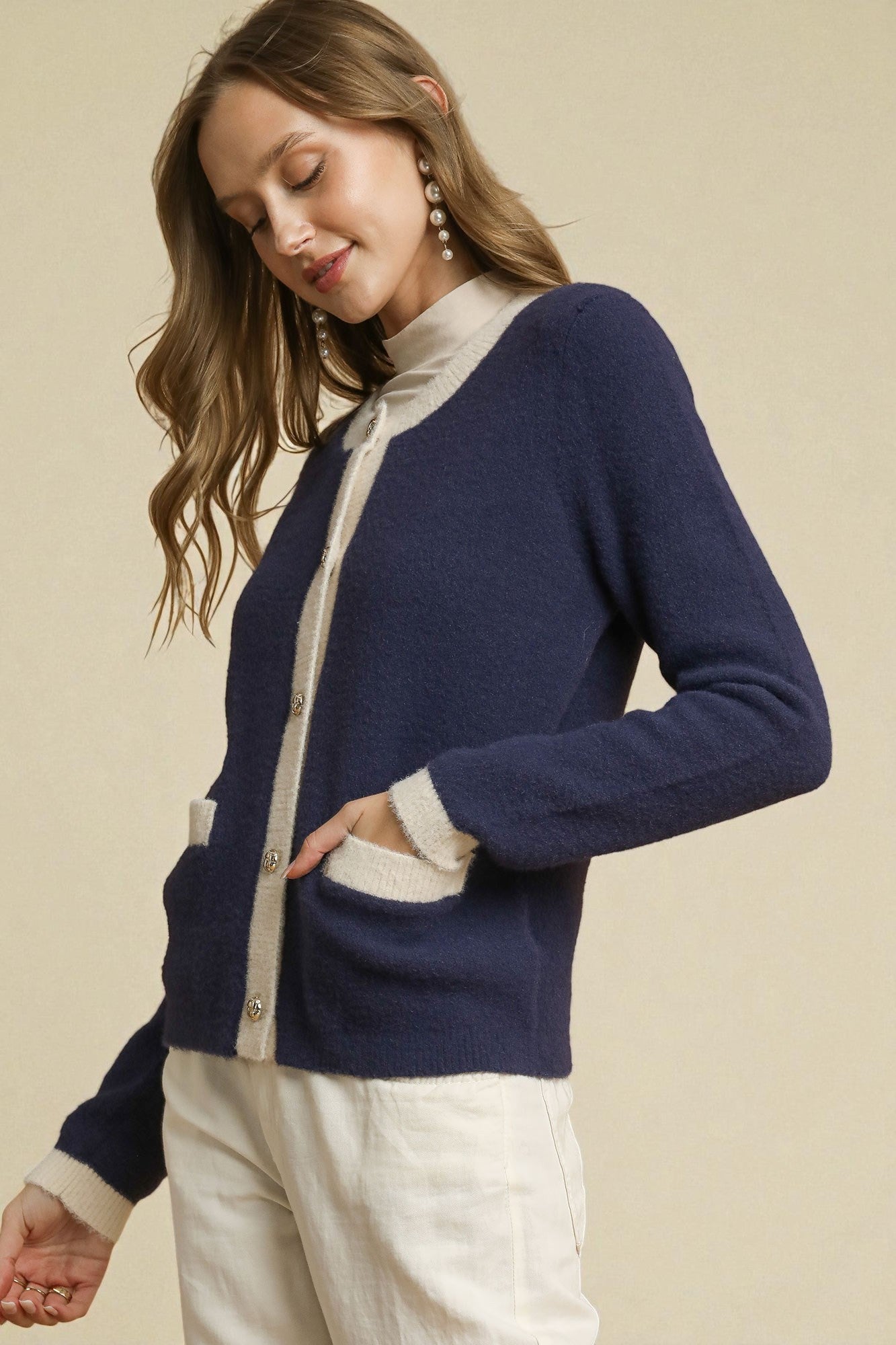 Navy & Cream Contrast Trim Cardigan