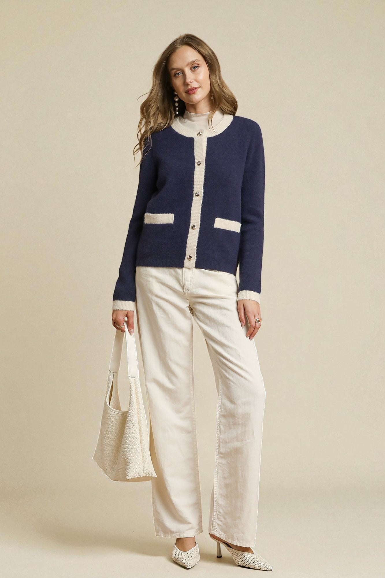 Navy & Cream Contrast Trim Cardigan