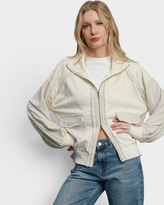 Ivory Textured Zip Front Jacket