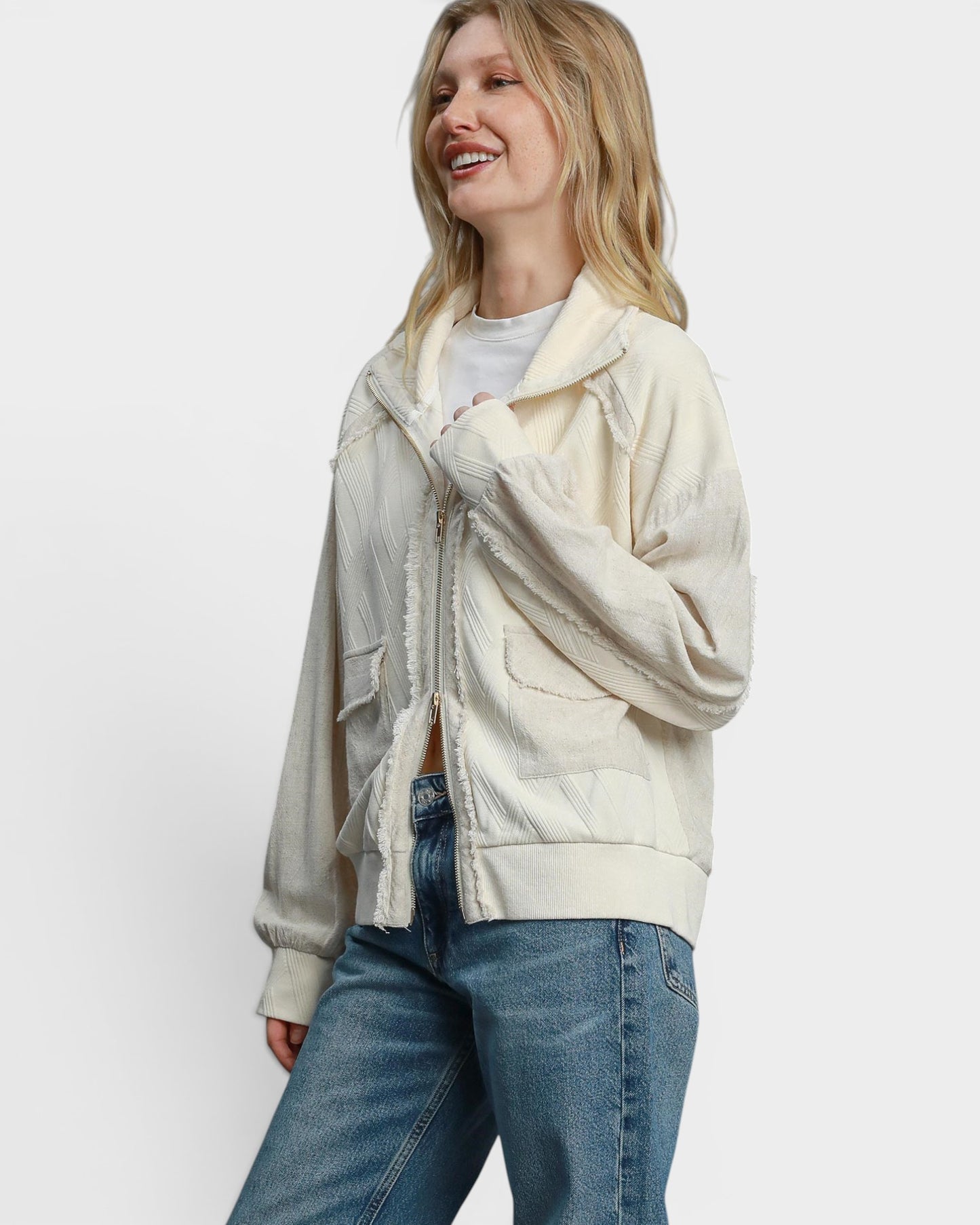 Ivory Textured Zip Front Jacket