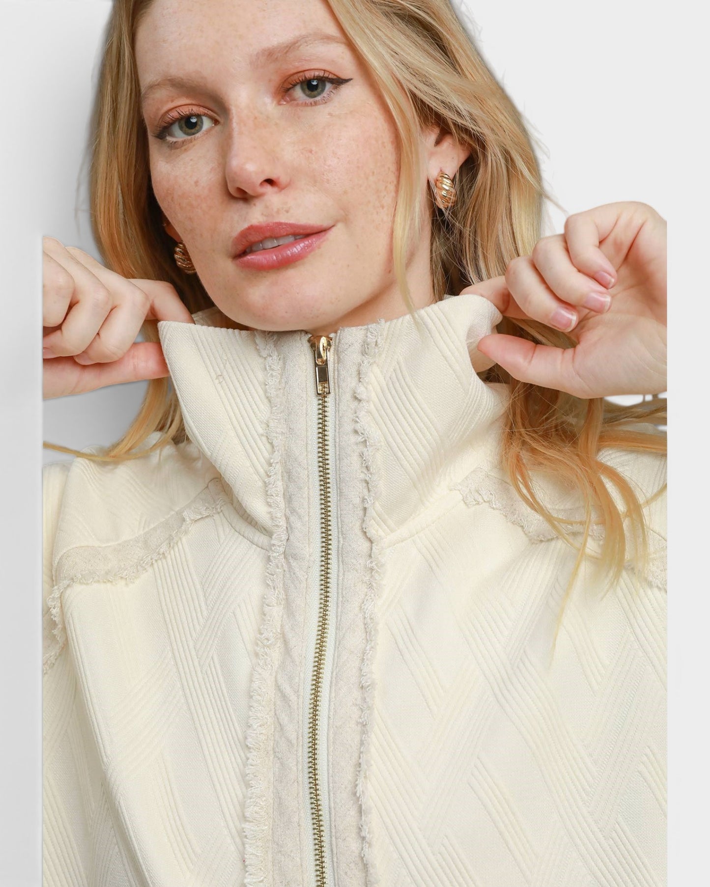Ivory Textured Zip Front Jacket