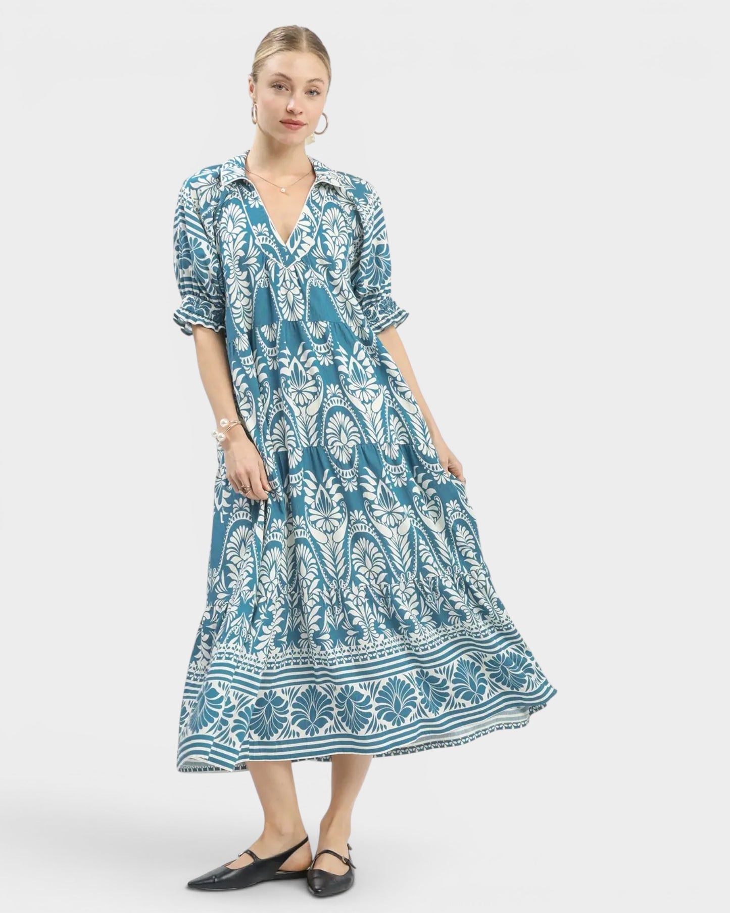 Teal & Ivory Paisley Border Maxi Dress