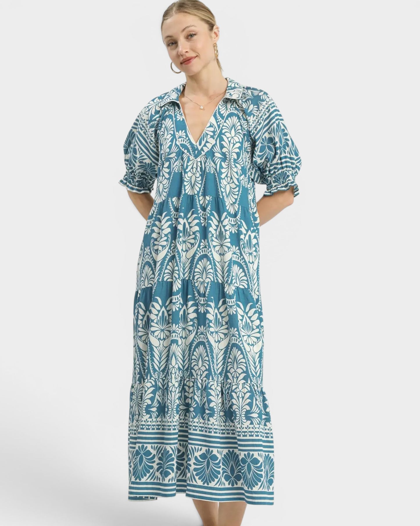 Teal & Ivory Paisley Border Maxi Dress