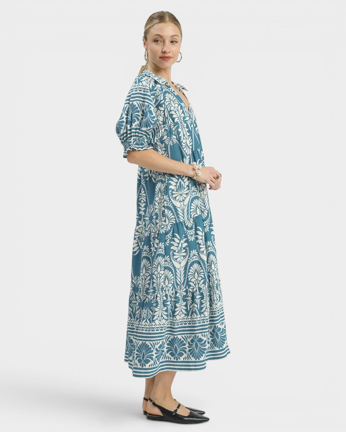 Teal & Ivory Paisley Border Maxi Dress
