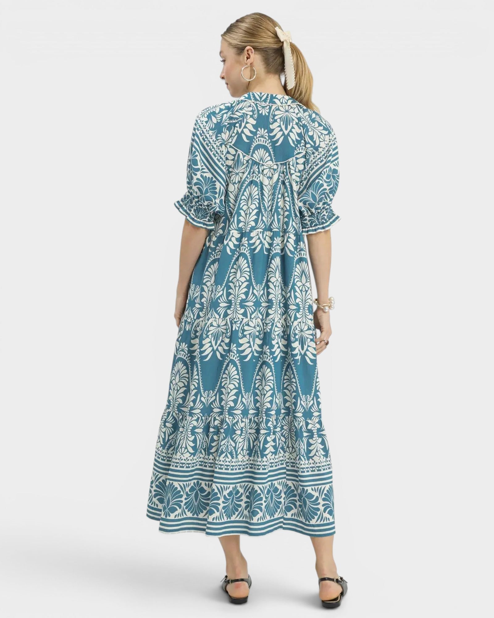 Teal & Ivory Paisley Border Maxi Dress