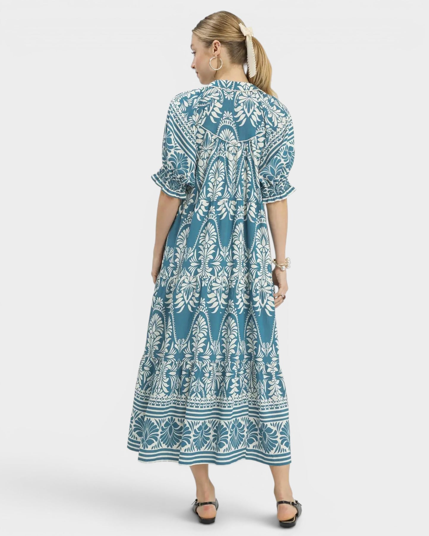 Teal & Ivory Paisley Border Maxi Dress