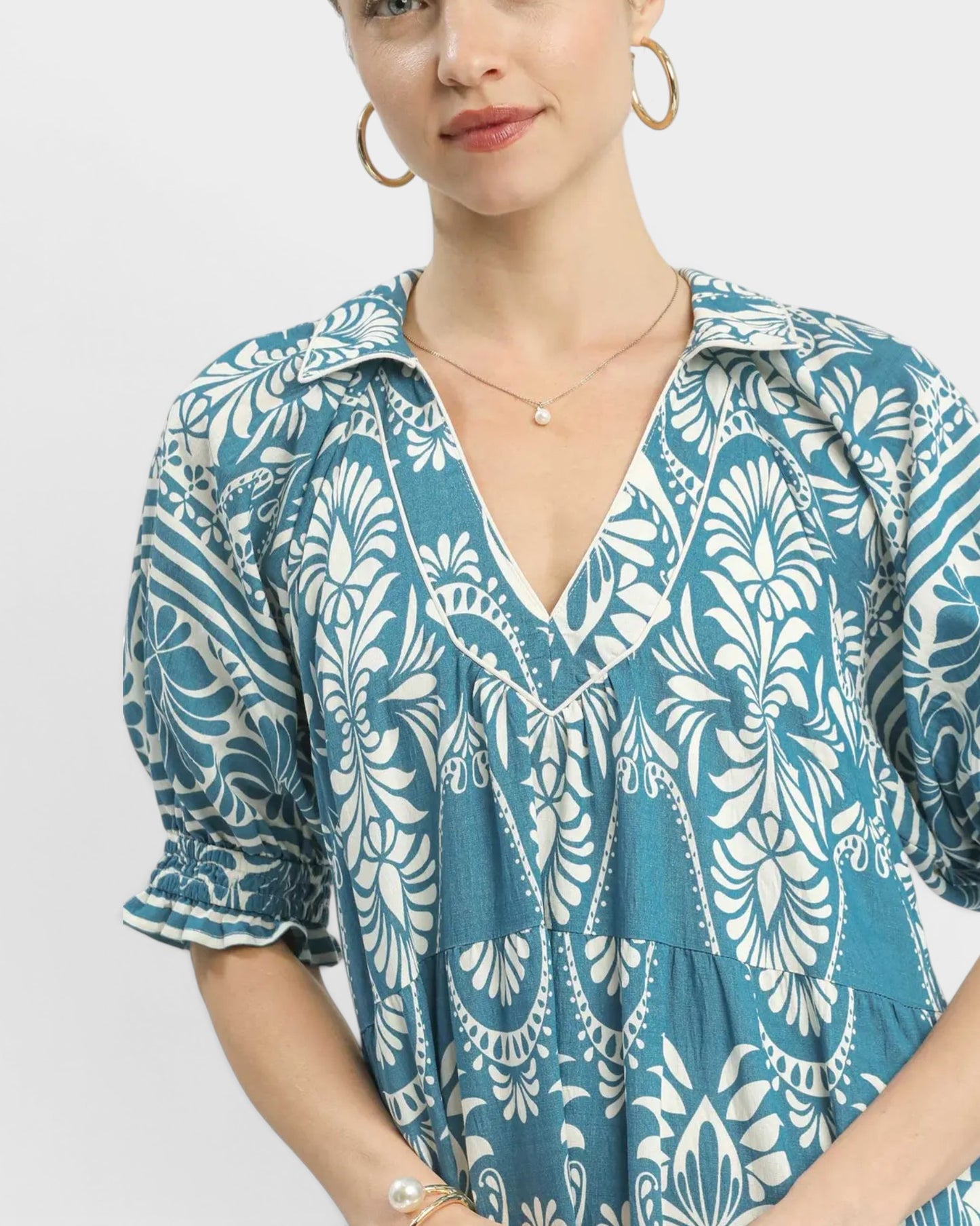 Teal & Ivory Paisley Border Maxi Dress