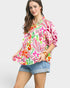 Pink Tropical Floral Puff Sleeve Blouse