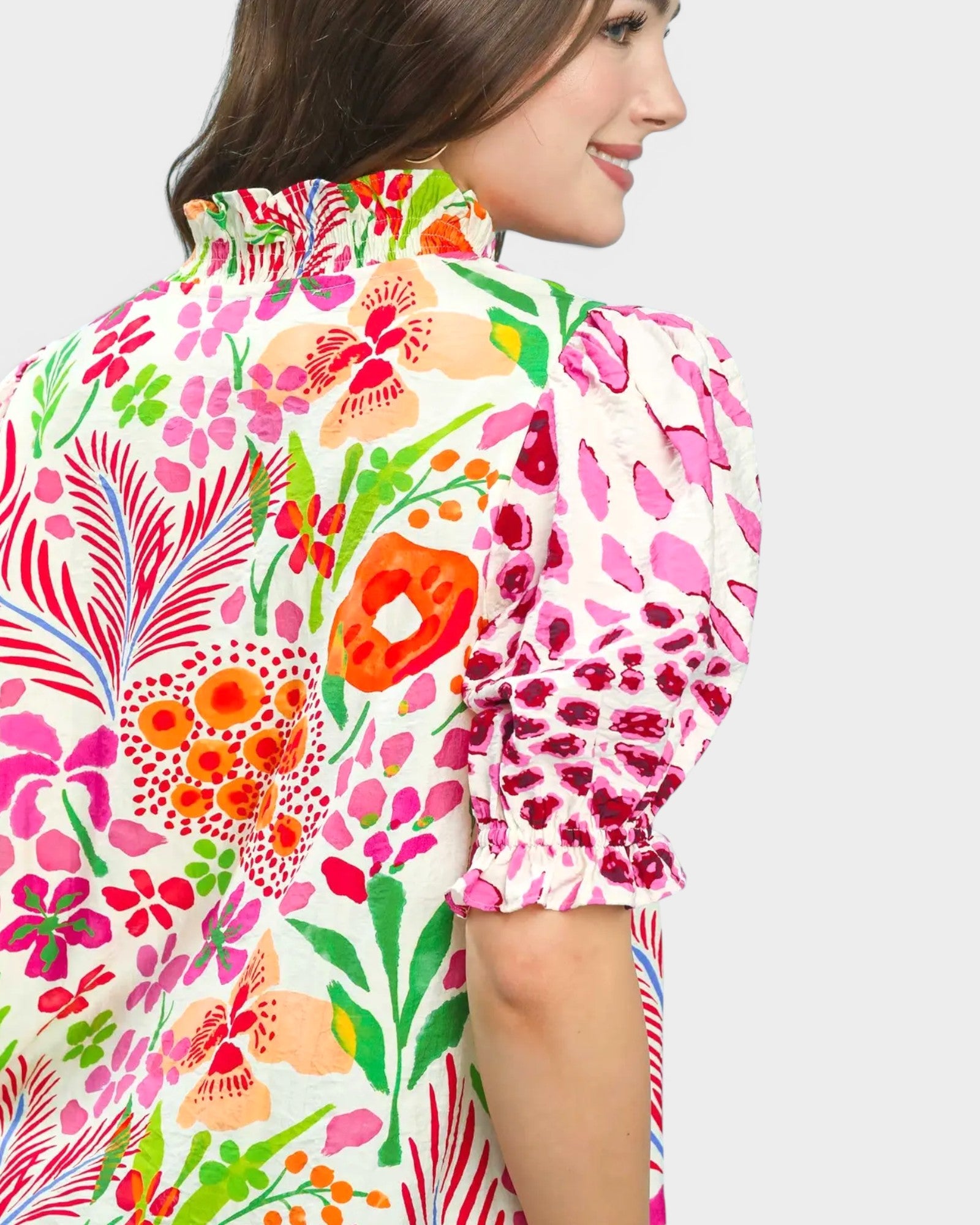 Pink Tropical Floral Puff Sleeve Blouse