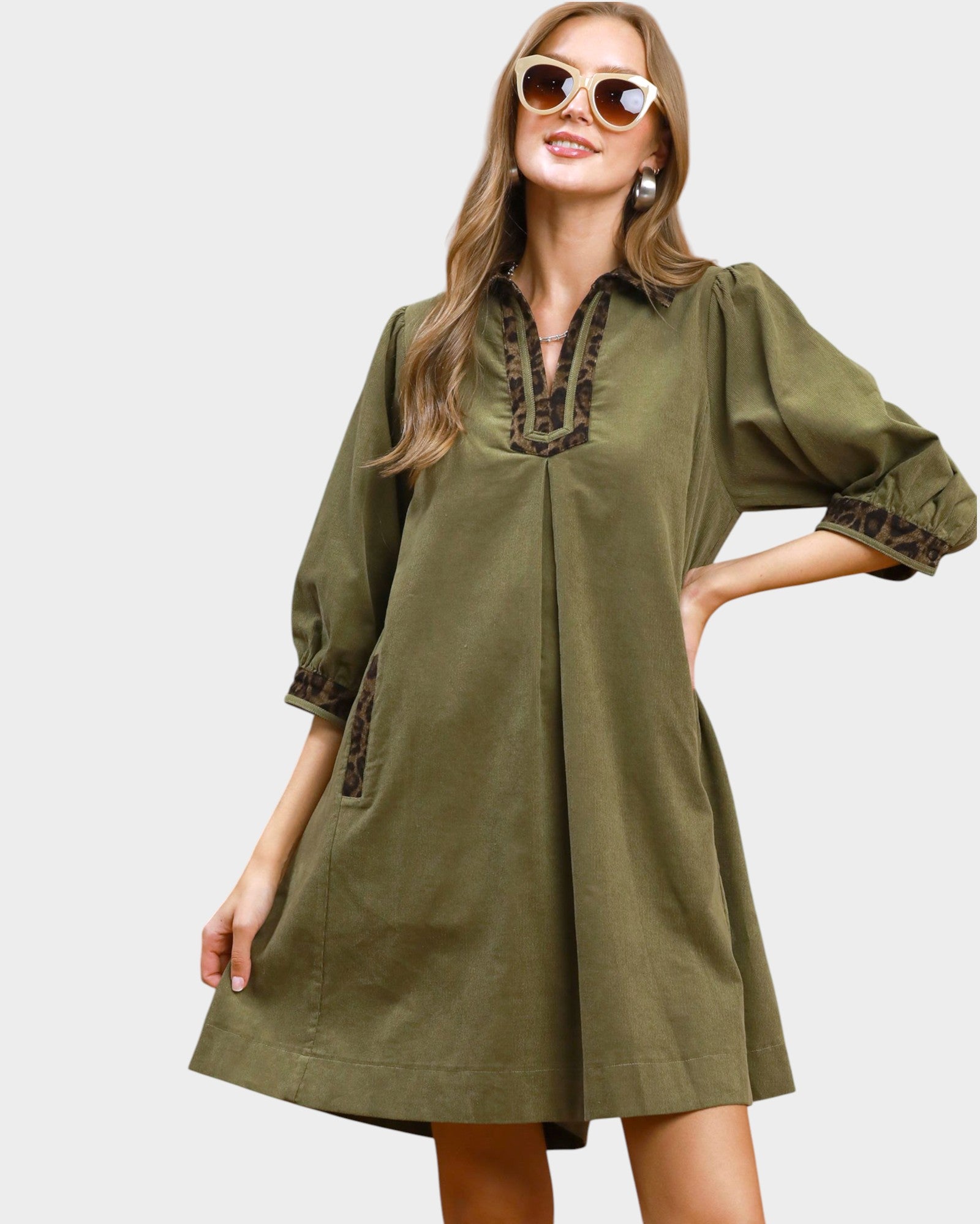 Olive Corduroy Leopard Trim Shift Dress