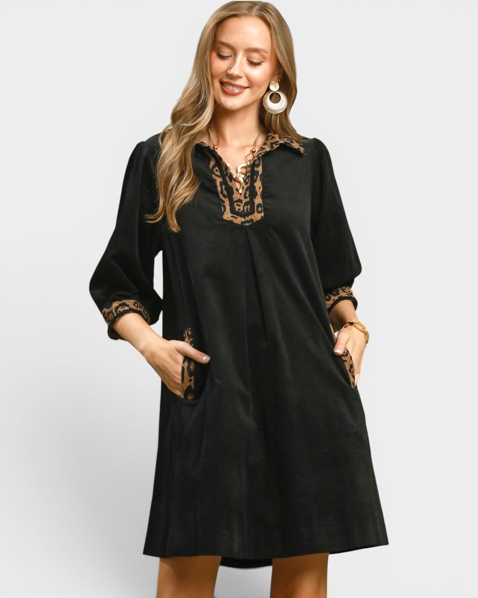 Black Corduroy Leopard Trim Shift Dress