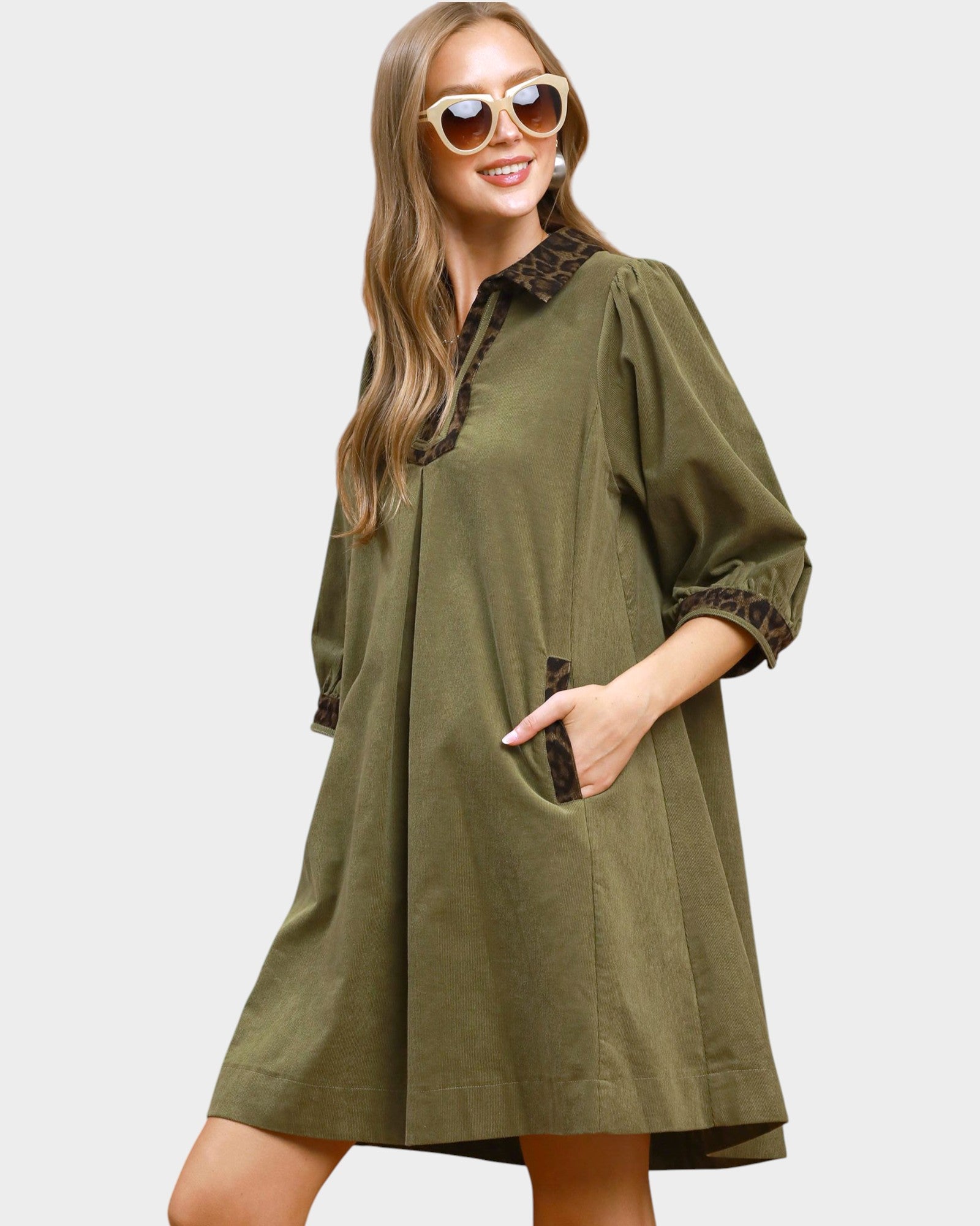 Olive Corduroy Leopard Trim Shift Dress