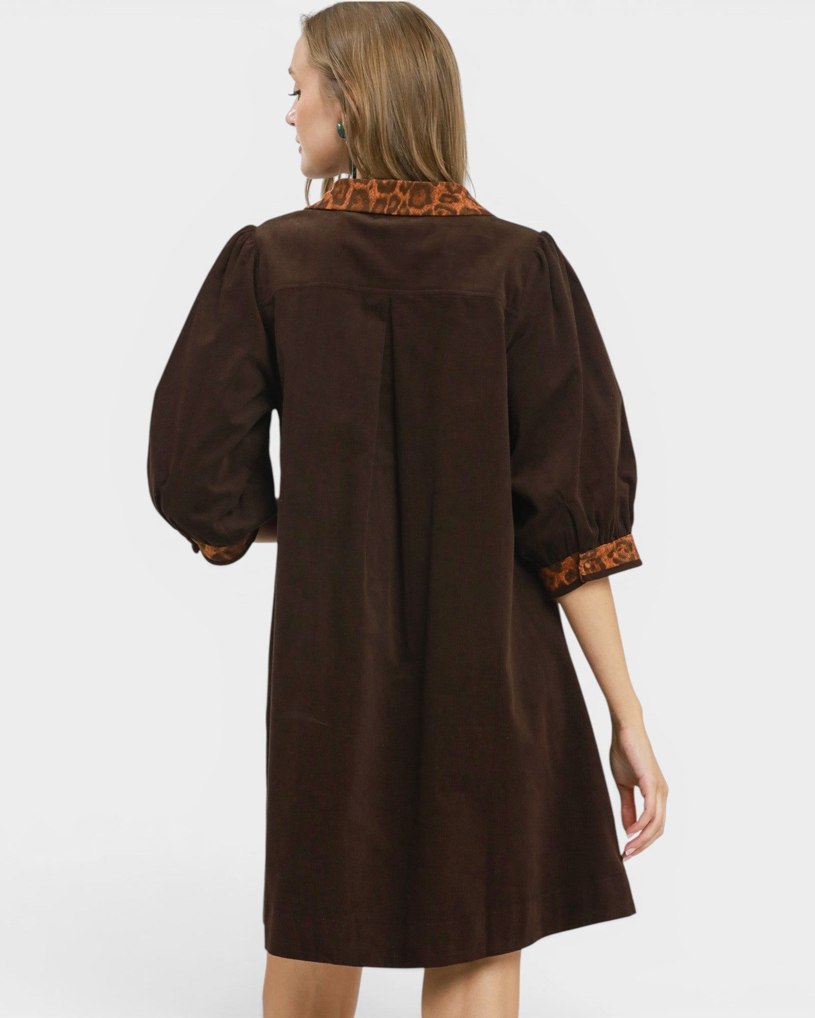 Brown dress with embroidered details on a white background