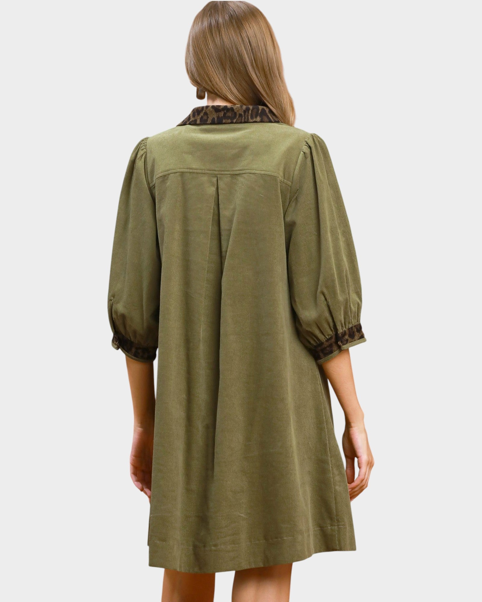 Olive Corduroy Leopard Trim Shift Dress