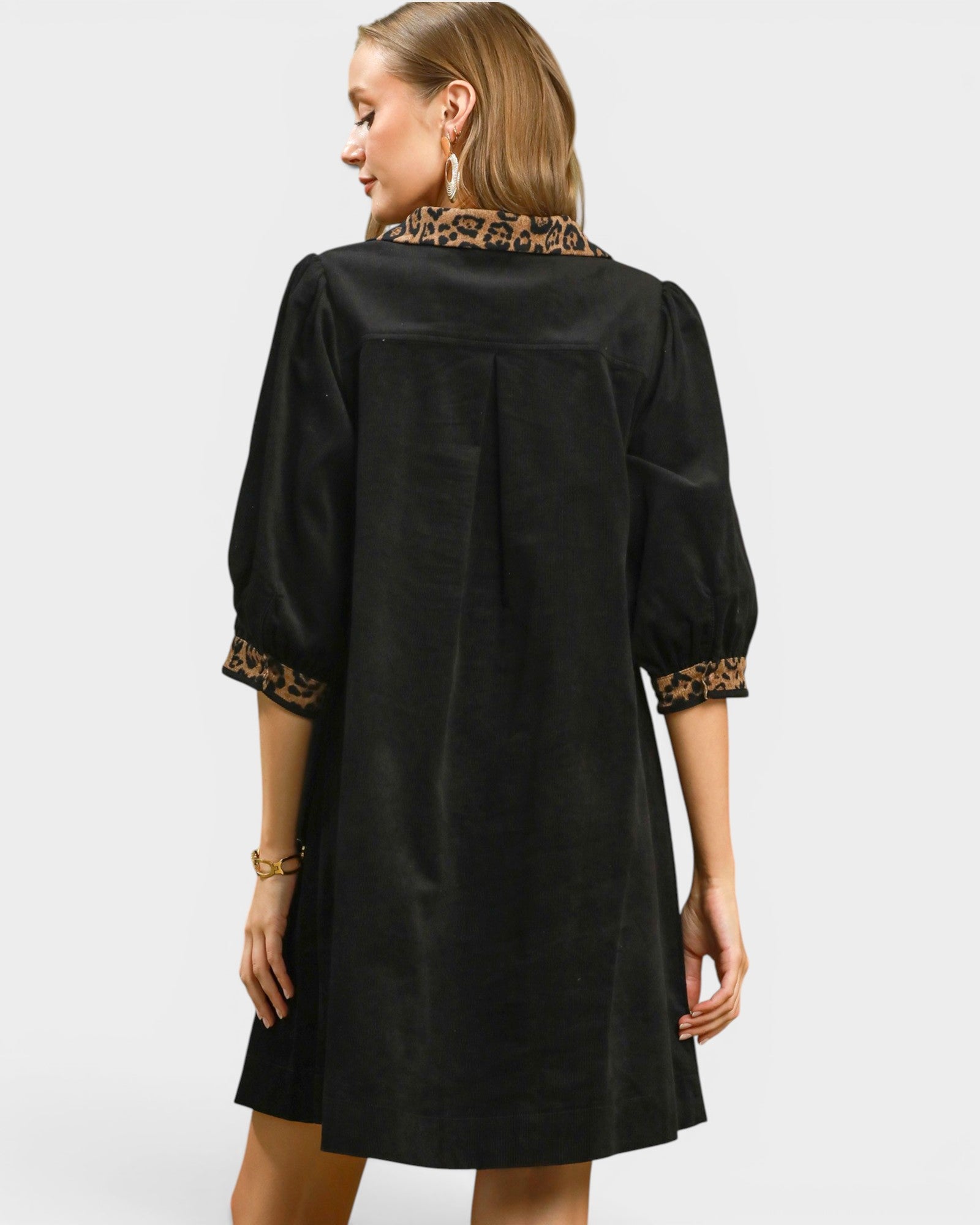 Black Corduroy Leopard Trim Shift Dress