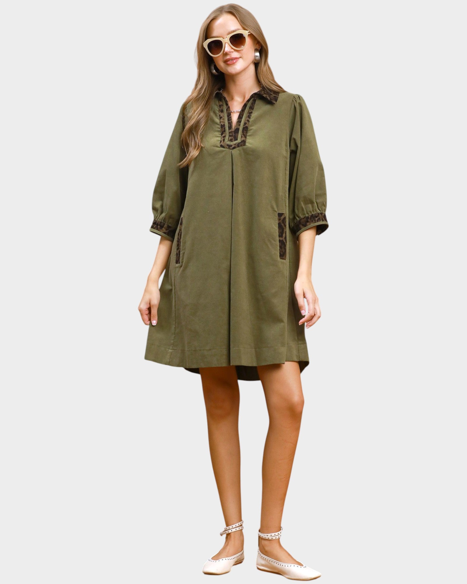 Olive Corduroy Leopard Trim Shift Dress