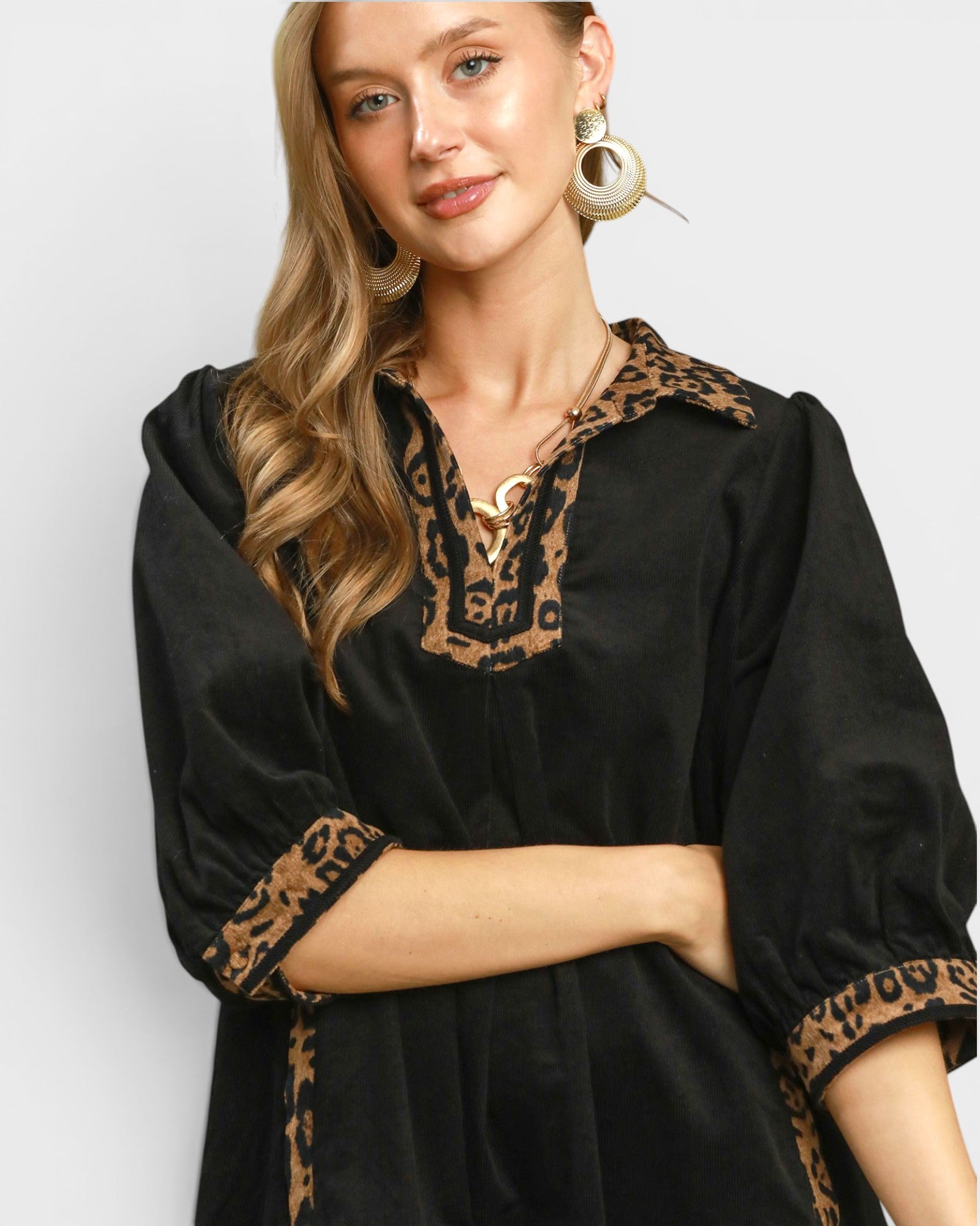 Black Corduroy Leopard Trim Shift Dress