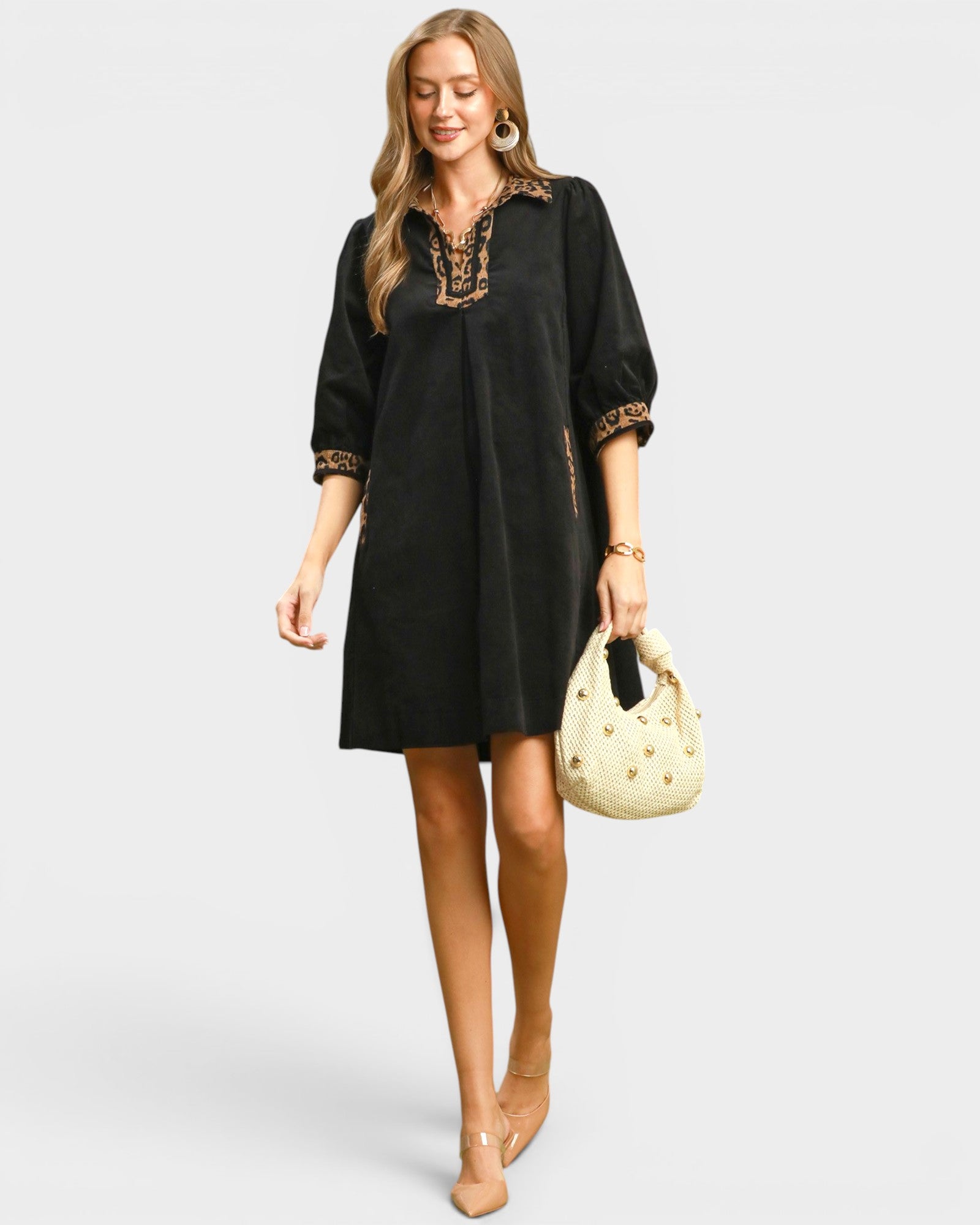 Black Corduroy Leopard Trim Shift Dress