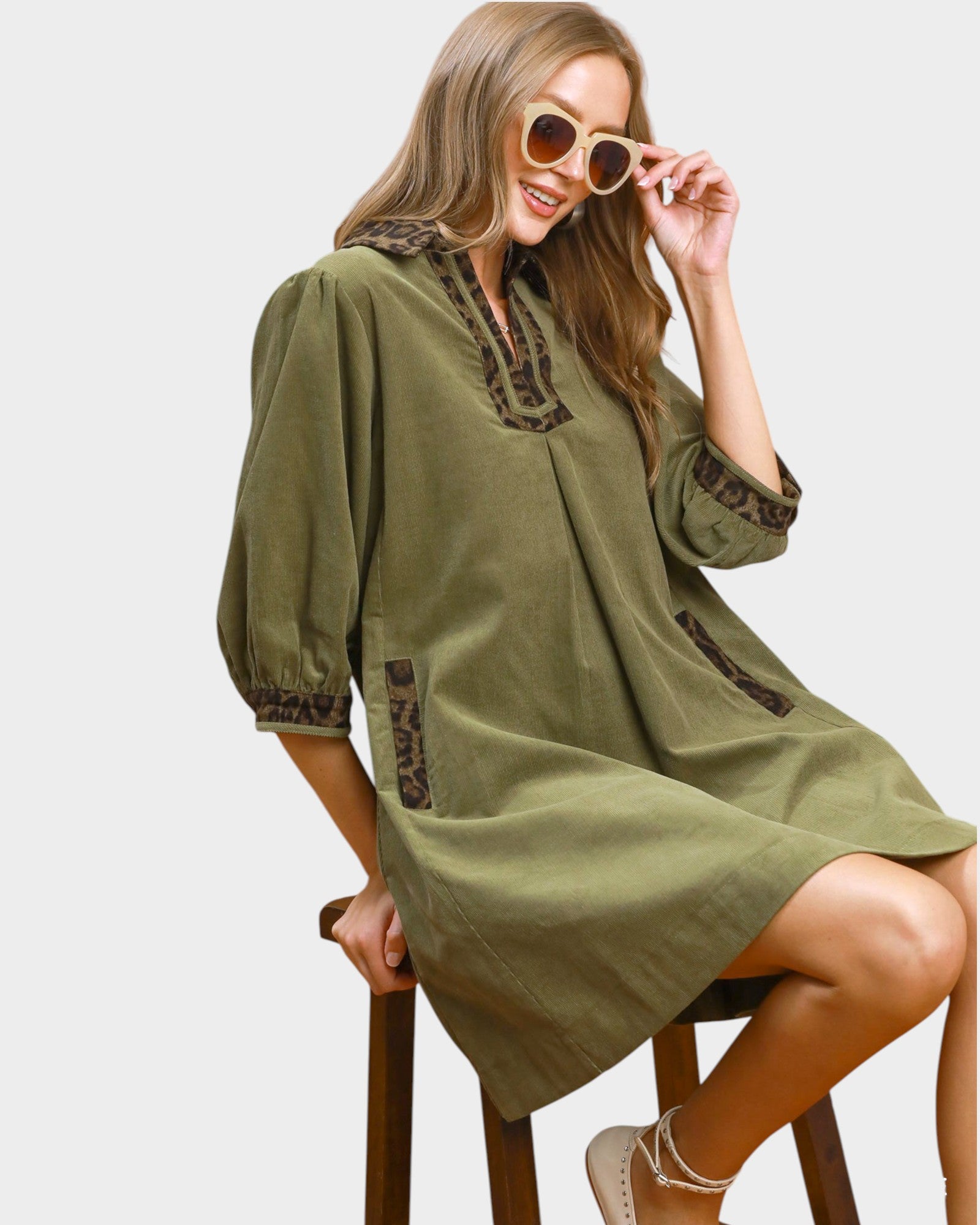 Olive Corduroy Leopard Trim Shift Dress