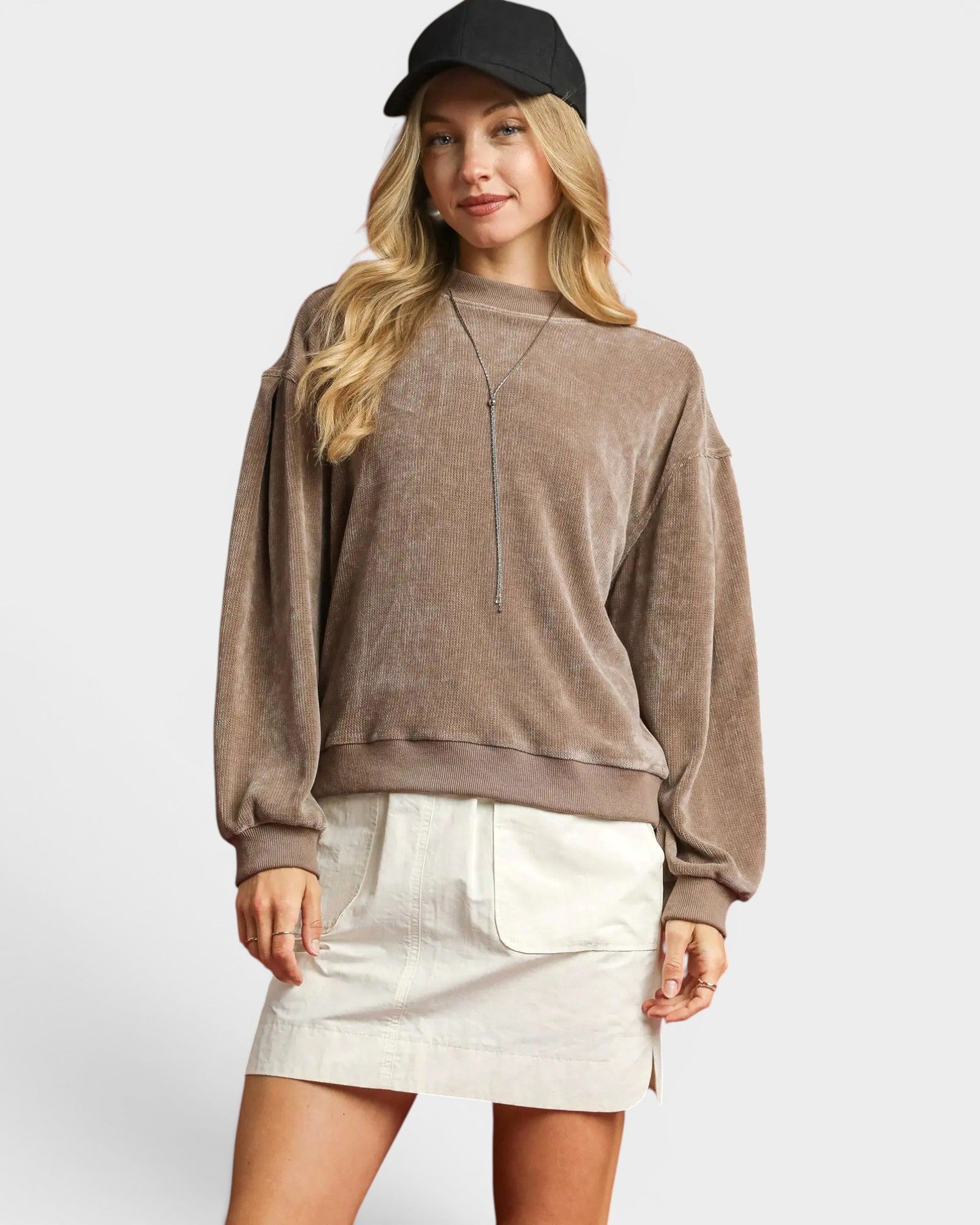 Taupe Velour Balloon Sleeve Pullover