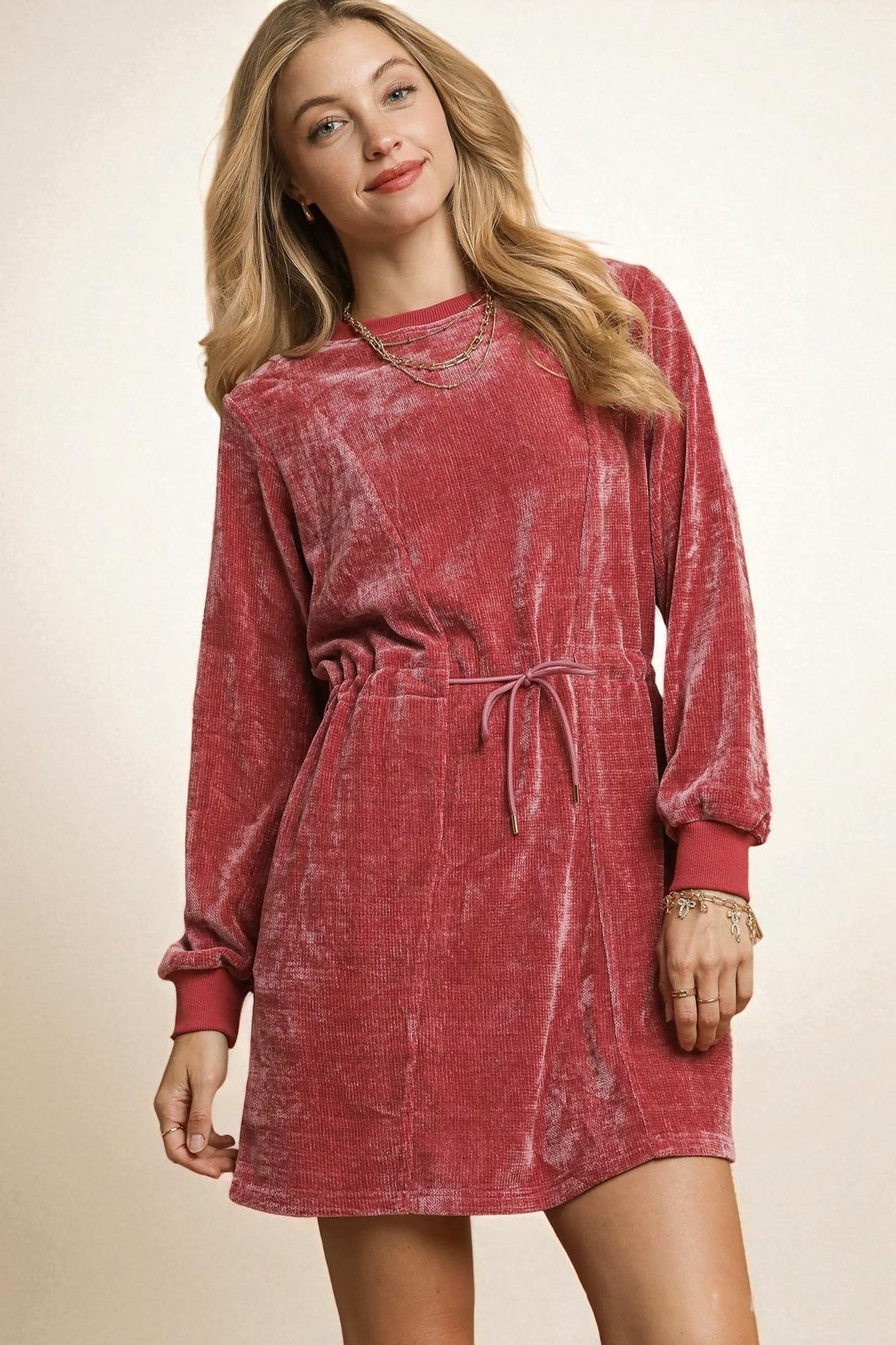 Dusty Rose Velour Drawstring Mini Dress