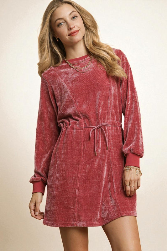 Dusty Rose Velour Drawstring Mini Dress