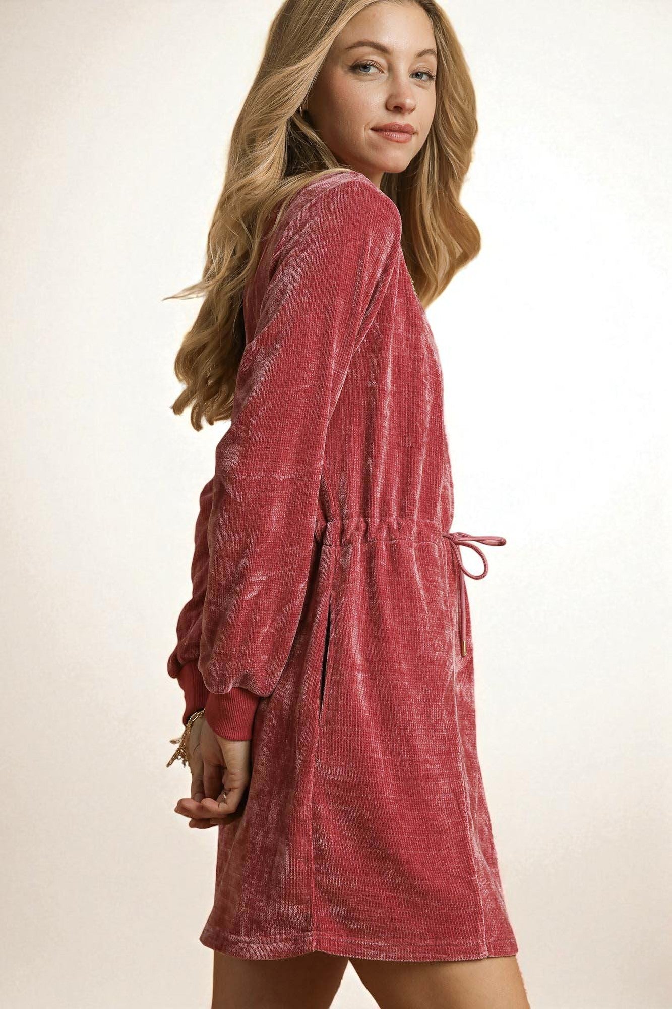 Dusty Rose Velour Drawstring Mini Dress