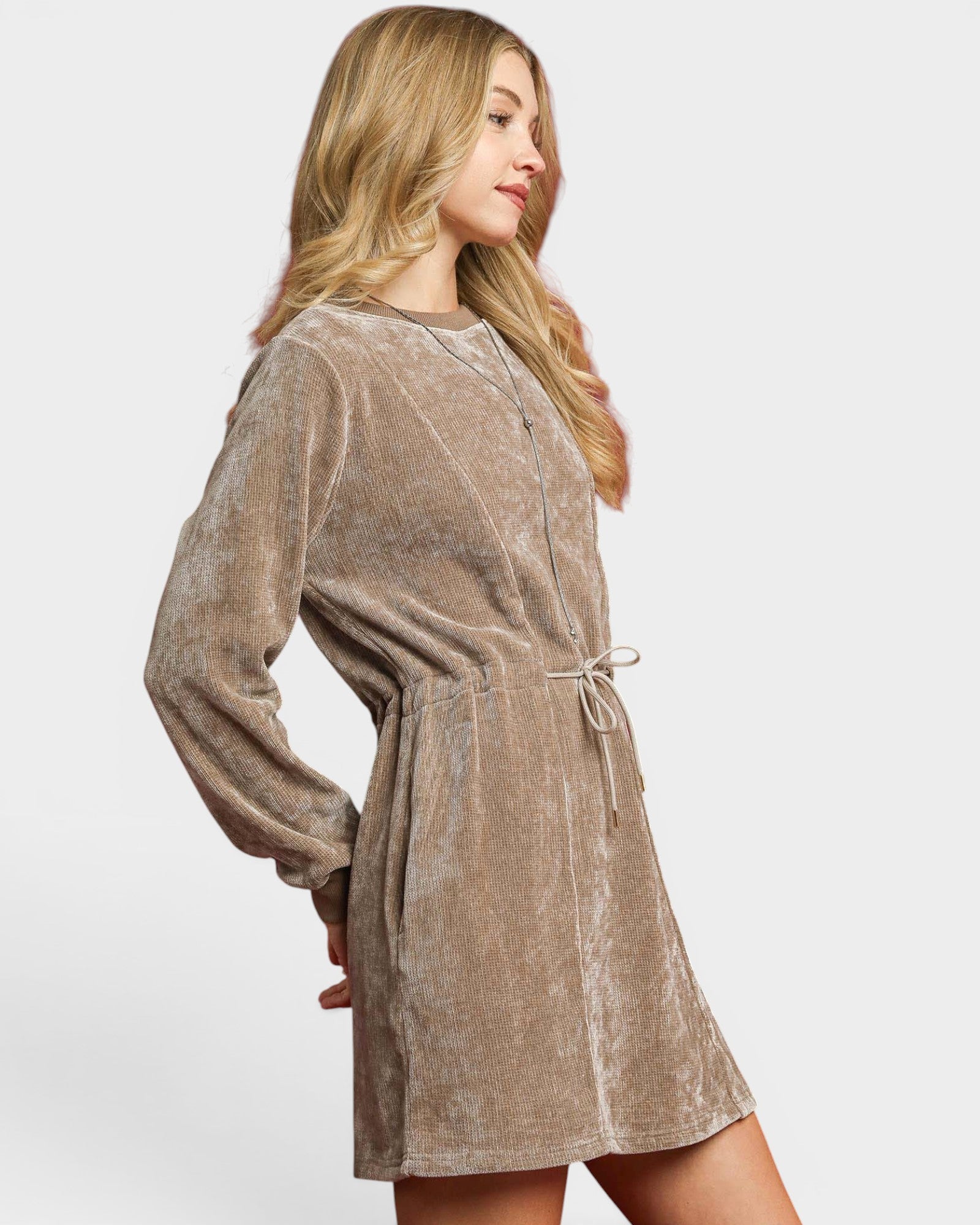 Mocha Velour Drawstring Mini Dress