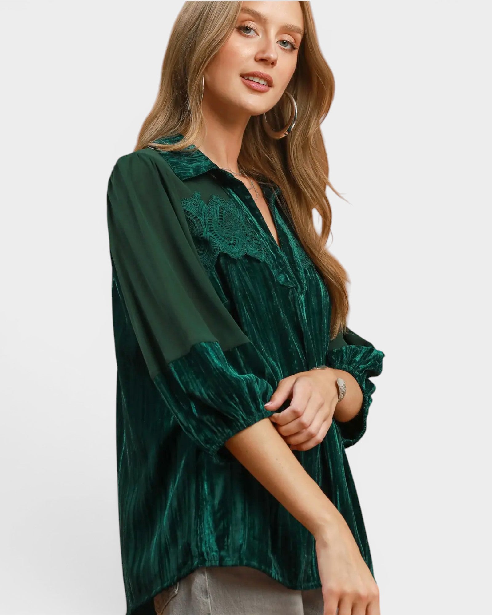 Hunter Green Velvet Lace Detail Top