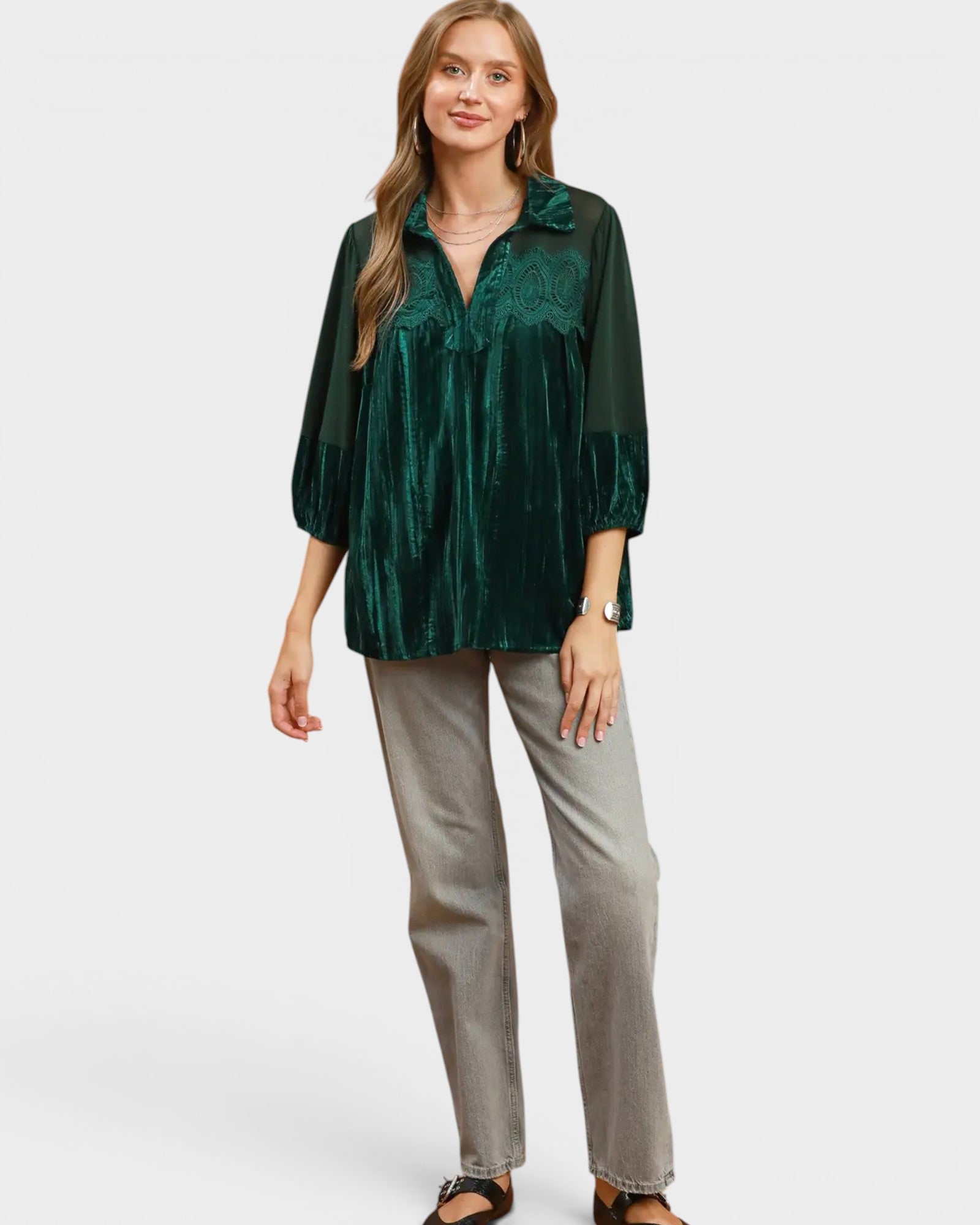 Hunter Green Velvet Lace Detail Top