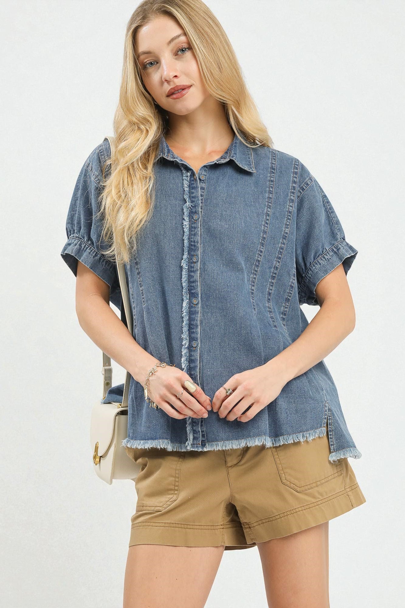 Light Denim Frayed Edge Button Down Top