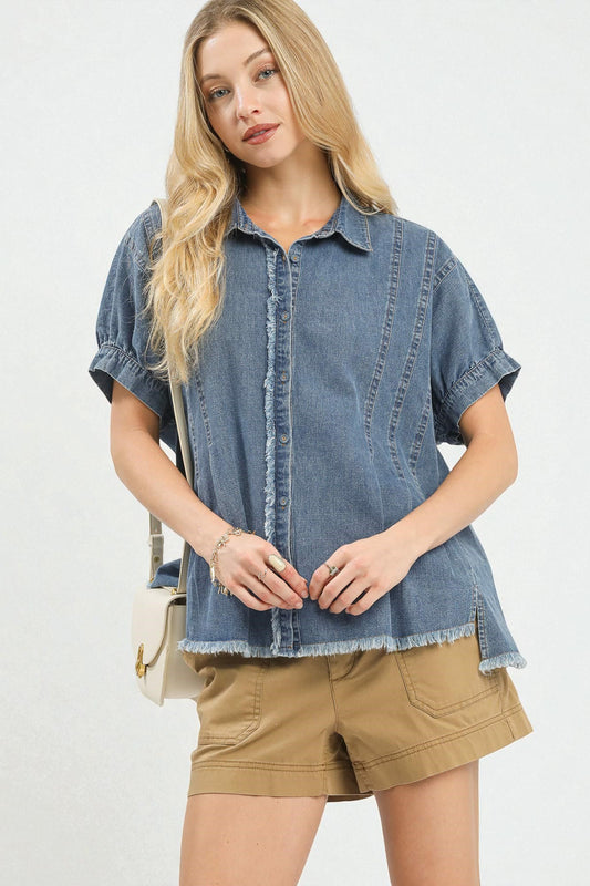 Light Denim Frayed Edge Button Down Top