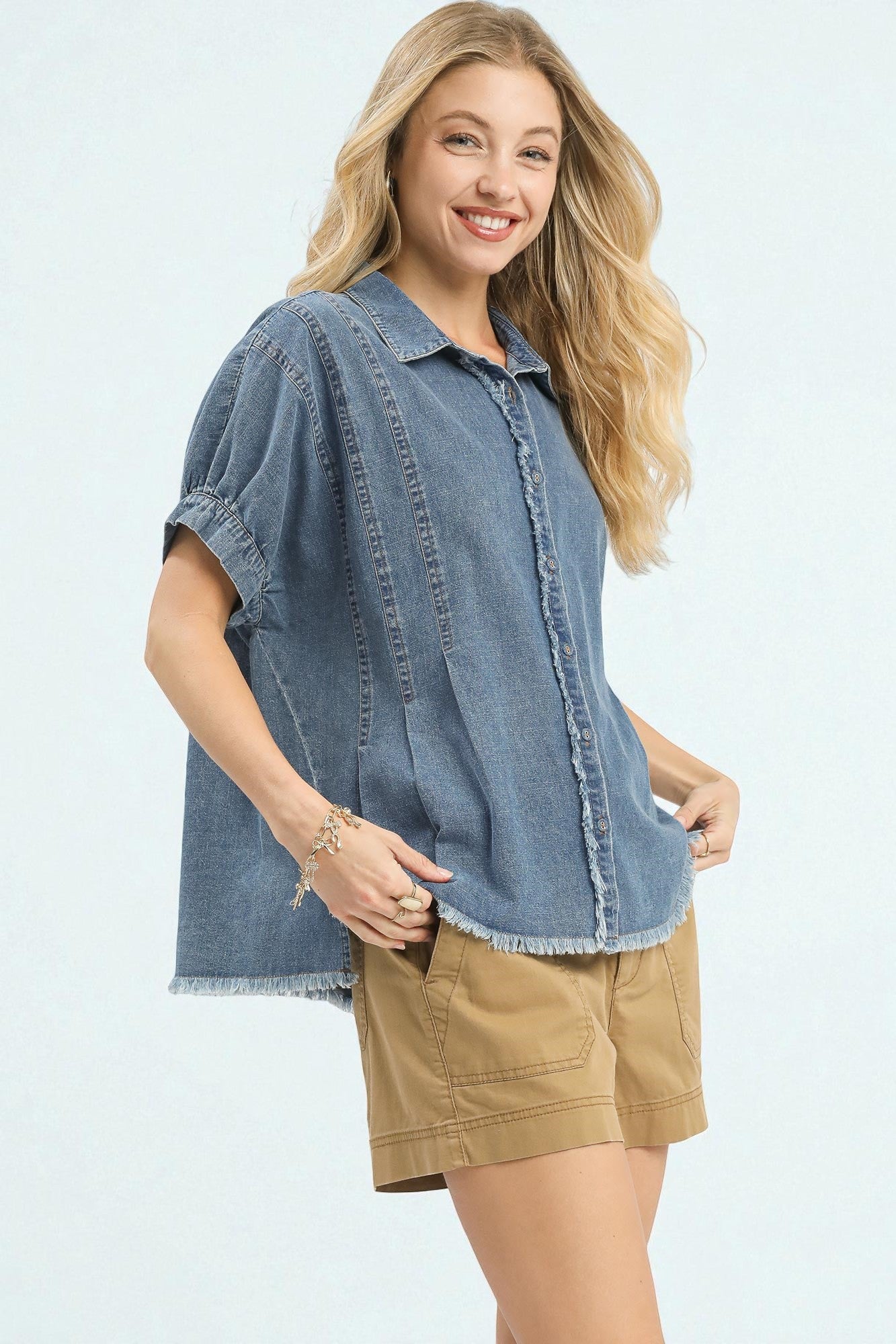 Light Denim Frayed Edge Button Down Top