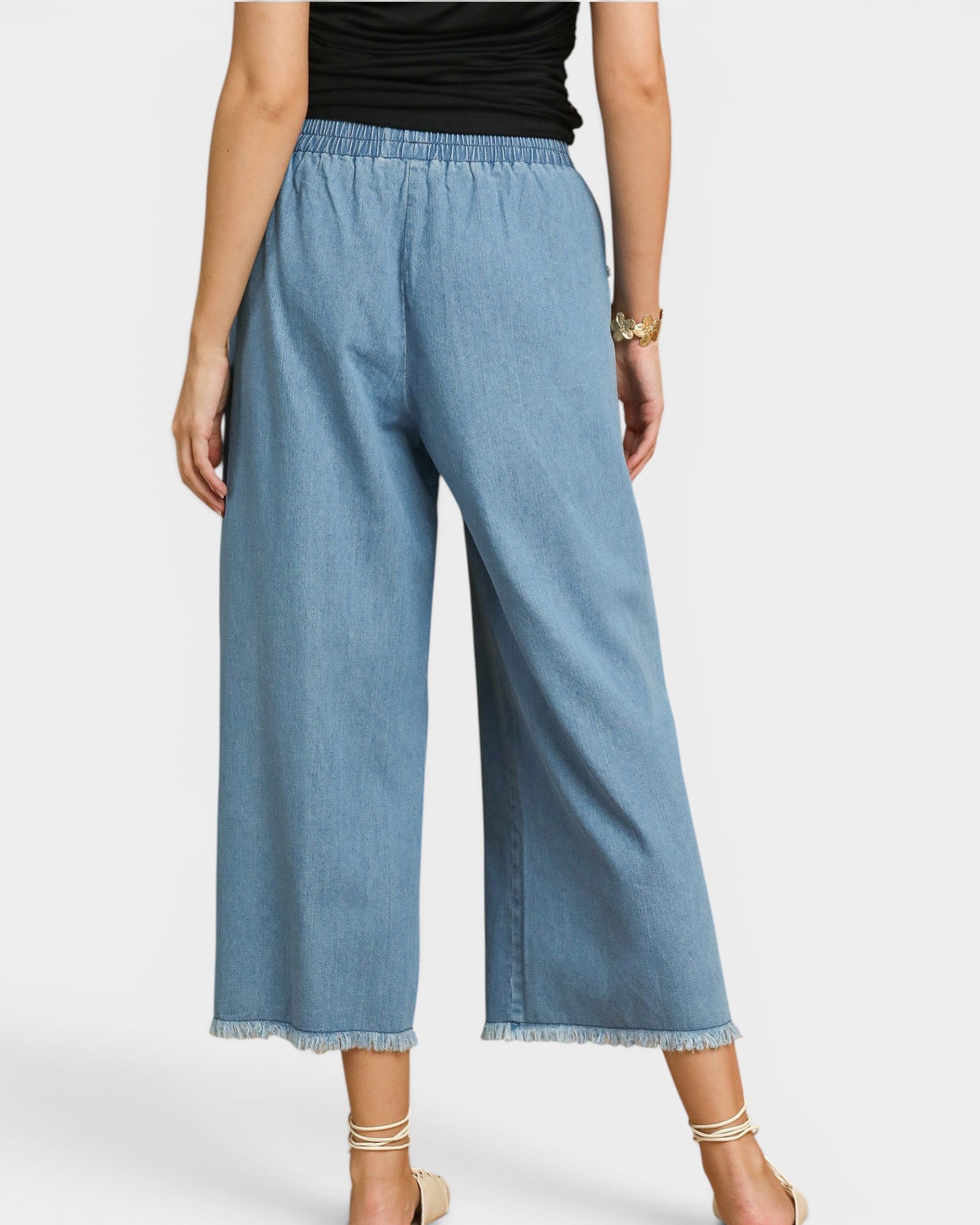 Light blue denim wide-leg pants worn by a person on a white background