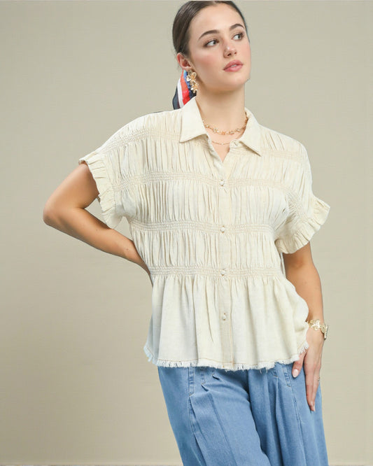Cream Smocked Button-Front Top