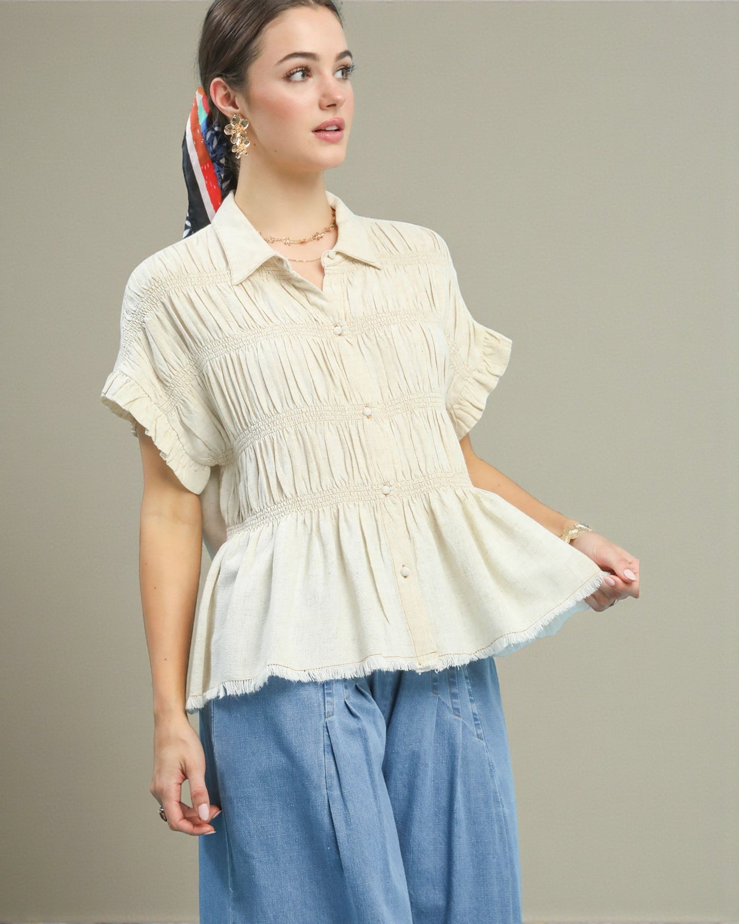 Cream Smocked Button-Front Top