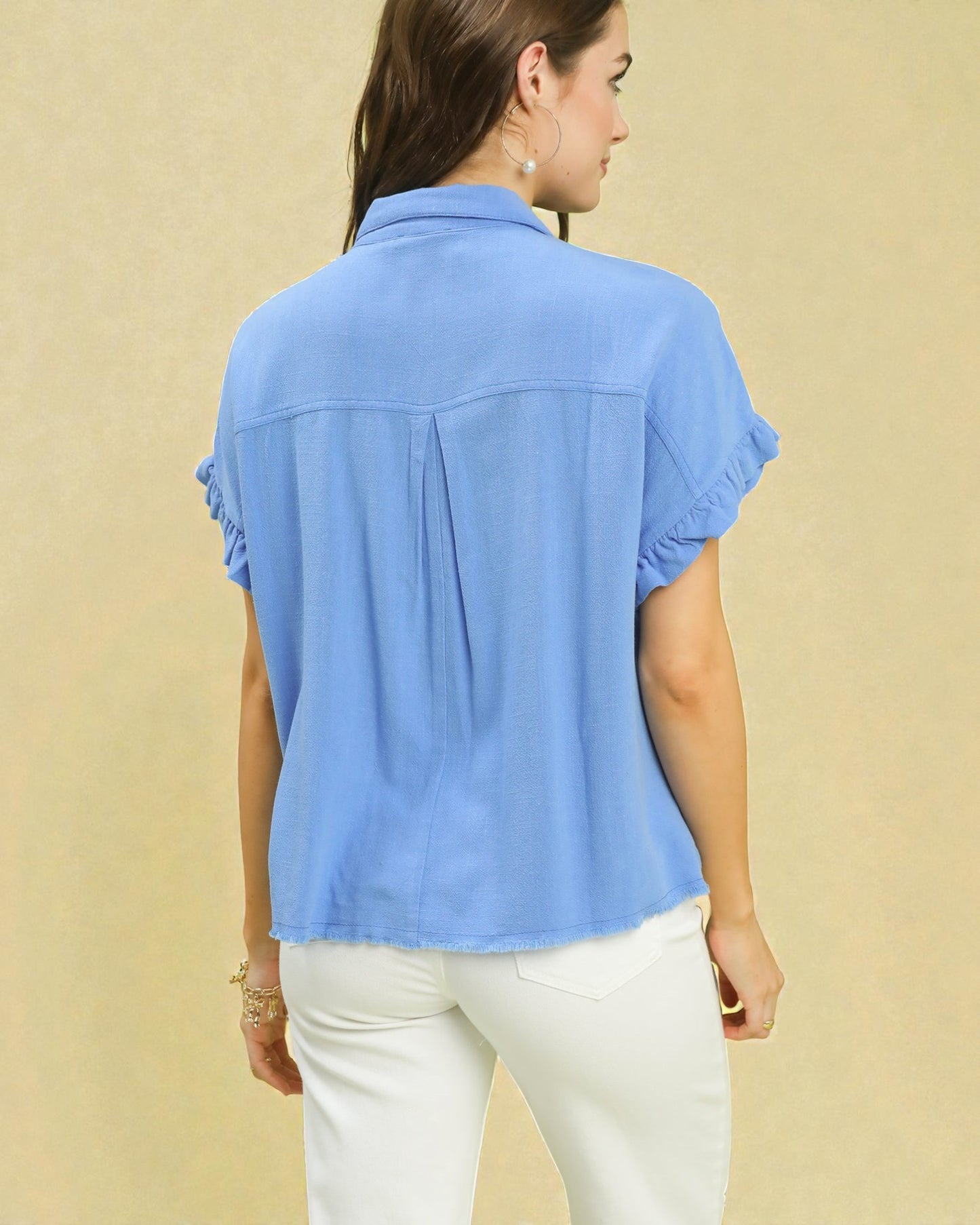 Sky Blue Smocked Button-Front Top