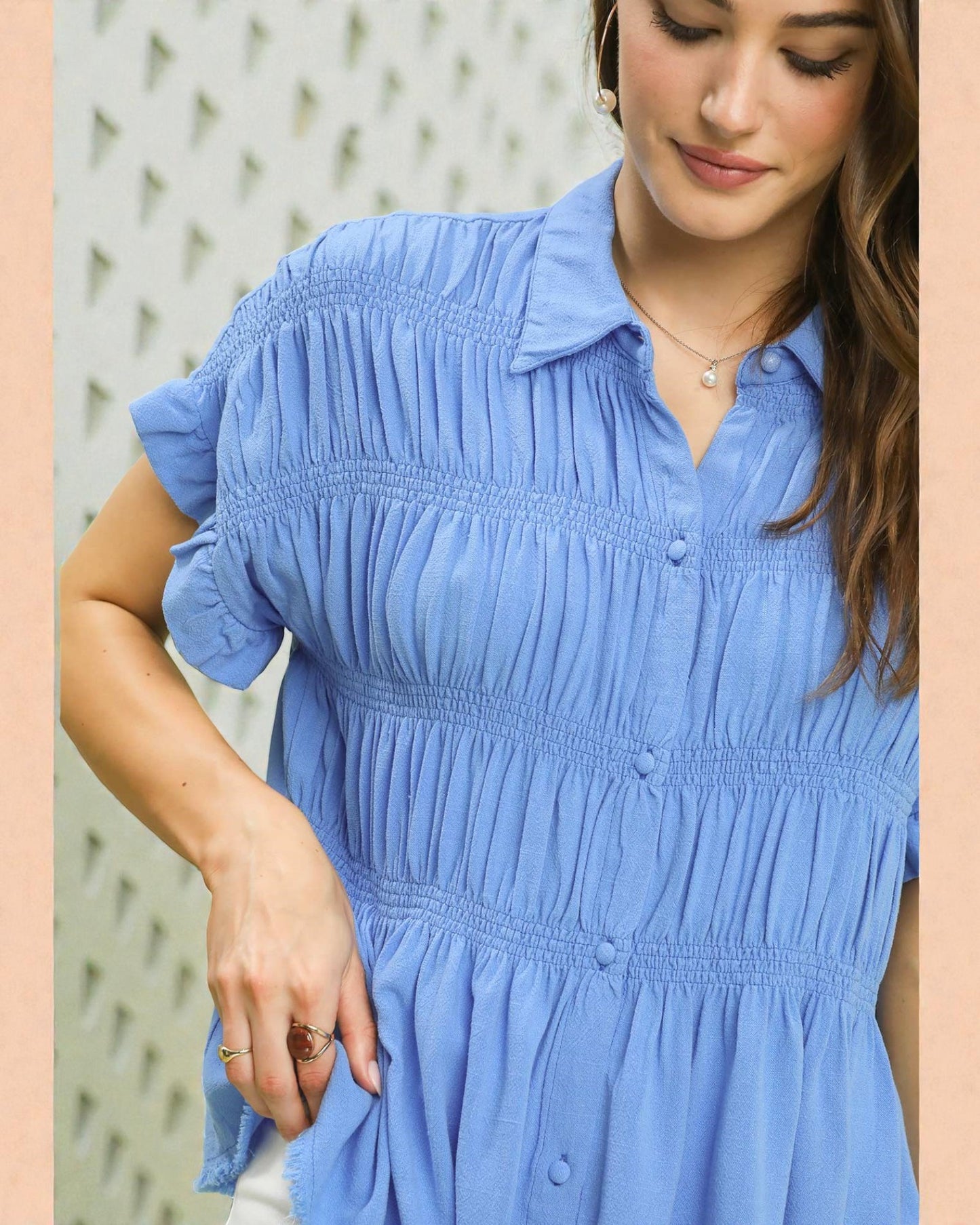 Sky Blue Smocked Button-Front Top