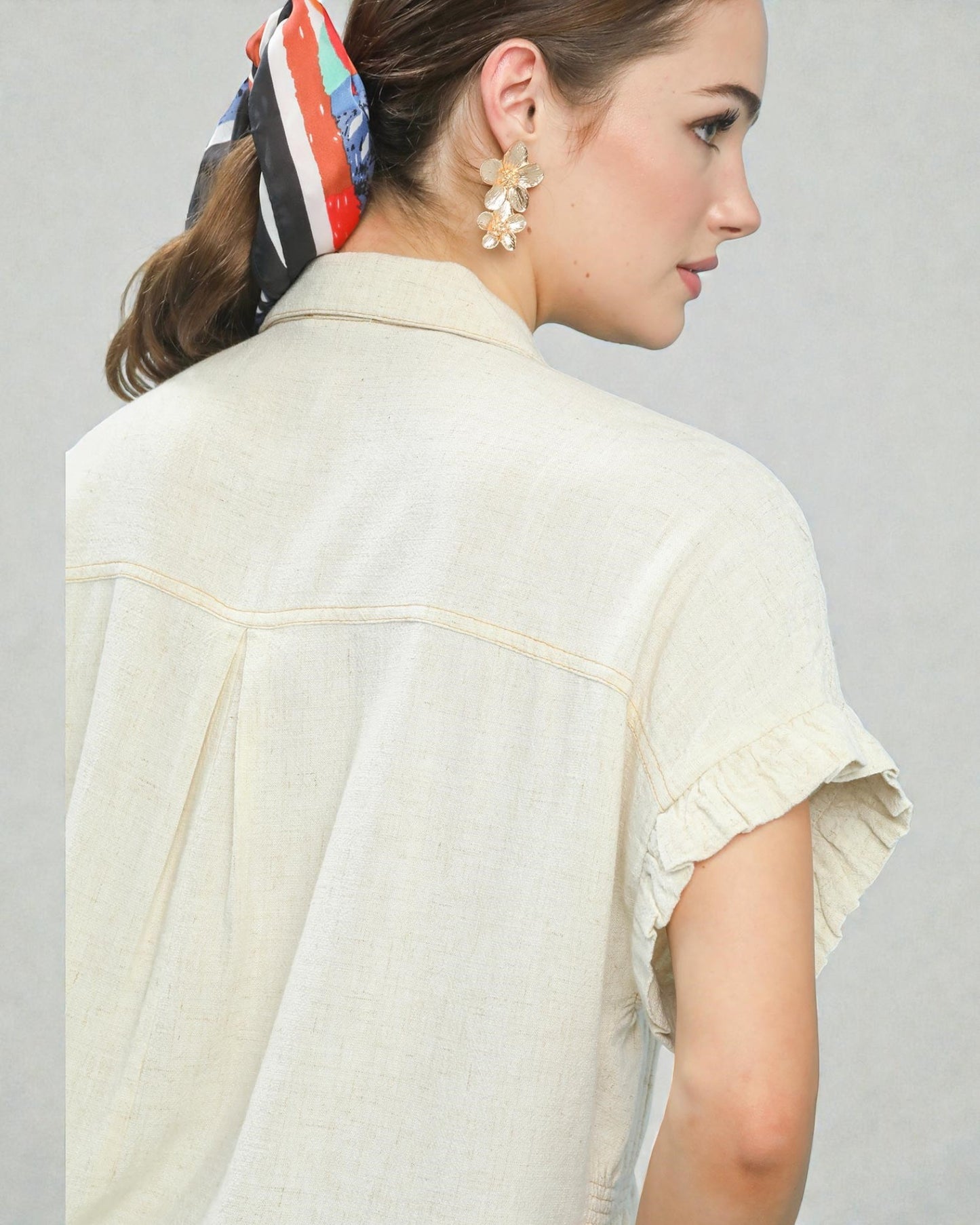 Cream Smocked Button-Front Top