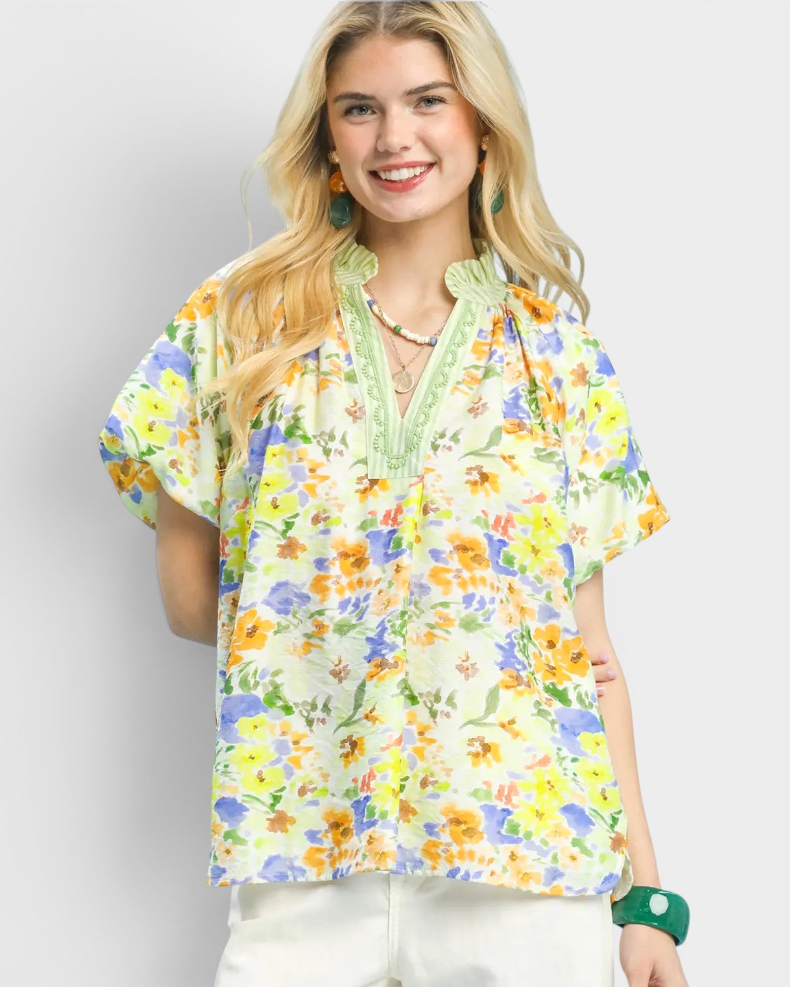 Green Floral Puff Sleeve Blouse
