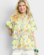 Green Floral Puff Sleeve Blouse