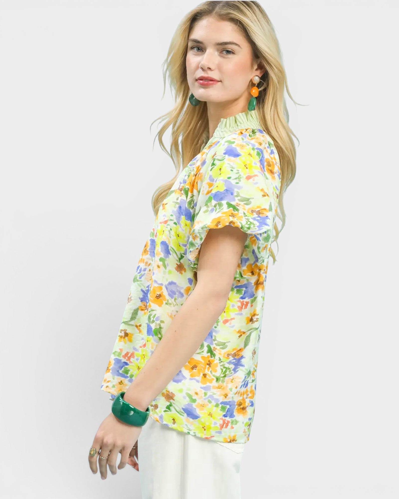 Green Floral Puff Sleeve Blouse