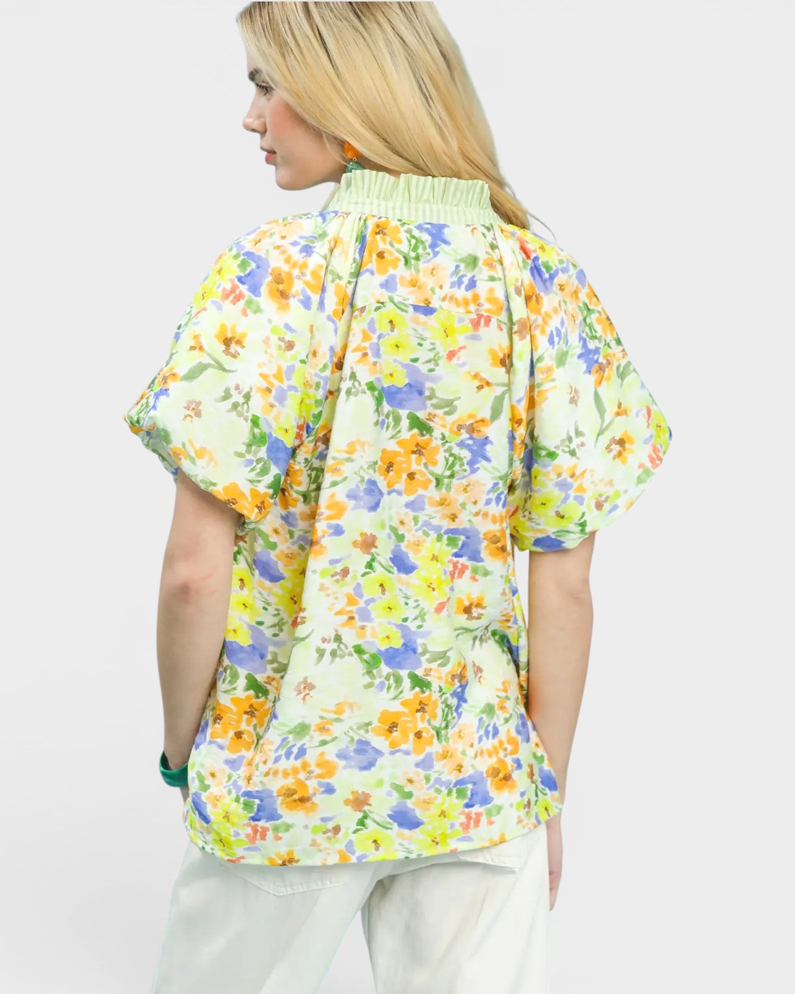Green Floral Puff Sleeve Blouse