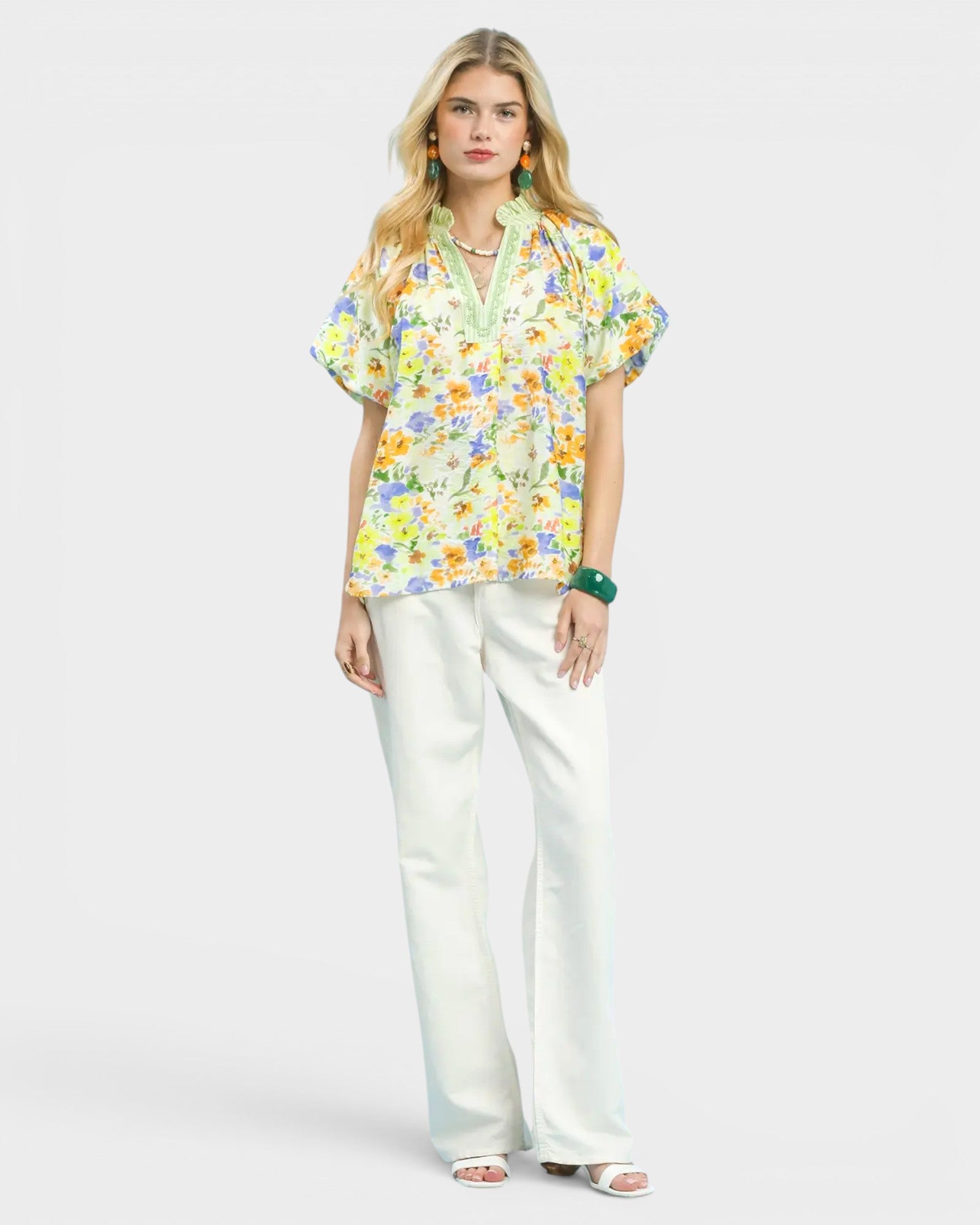 Green Floral Puff Sleeve Blouse