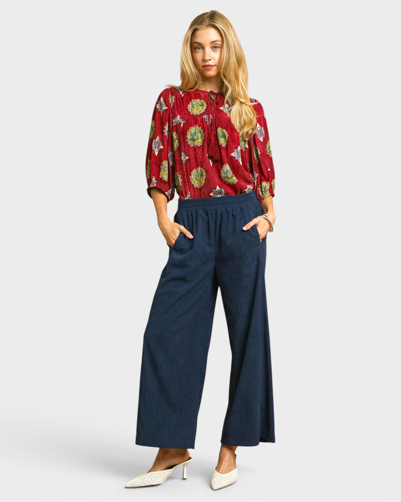 Navy Corduroy Wide Leg Pants