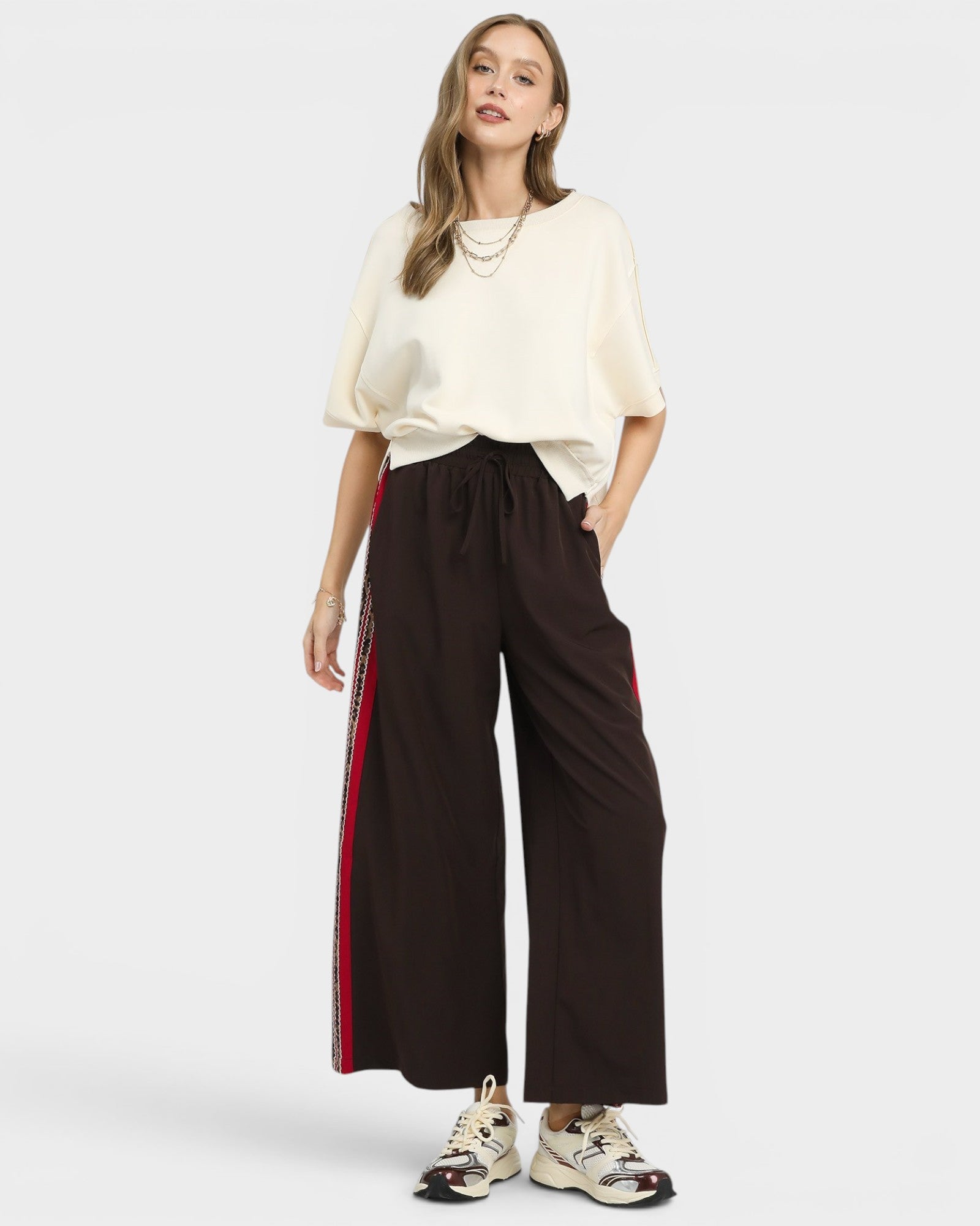 Dark Brown Side Stripe Wide Leg Pants