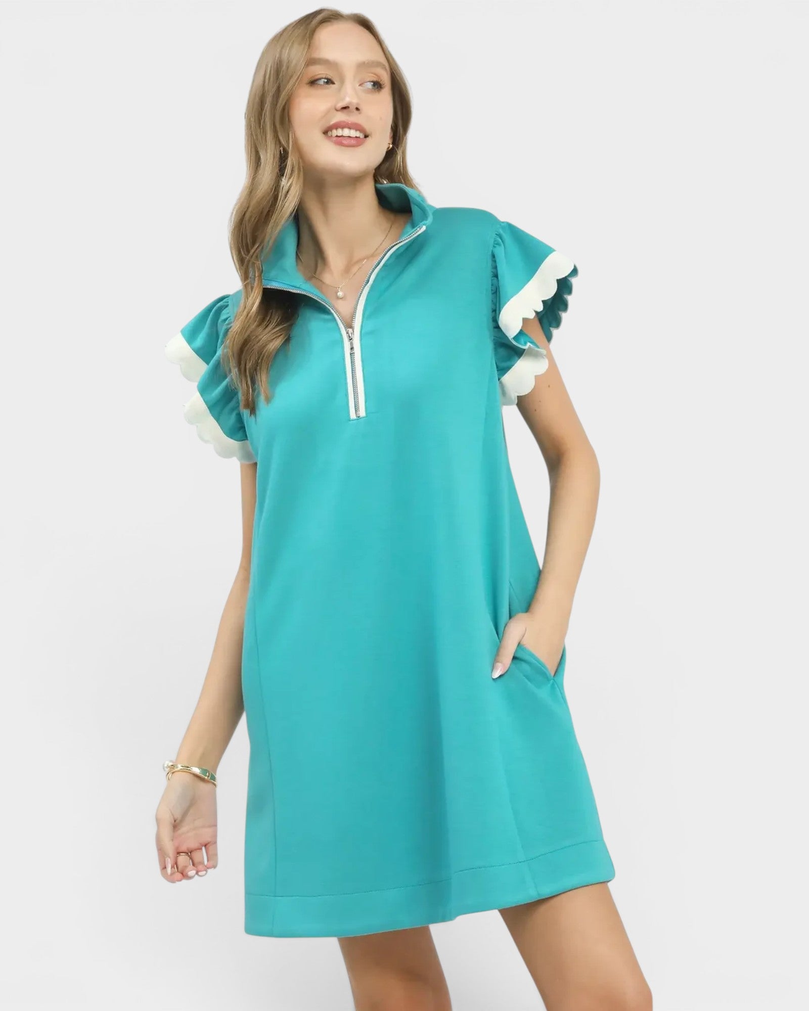 Teal Ruffle Sleeve Mini Dress