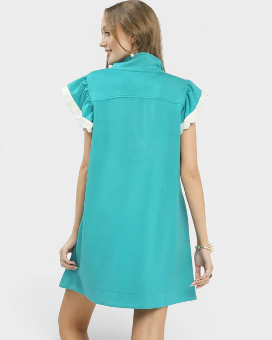 Teal Ruffle Sleeve Mini Dress