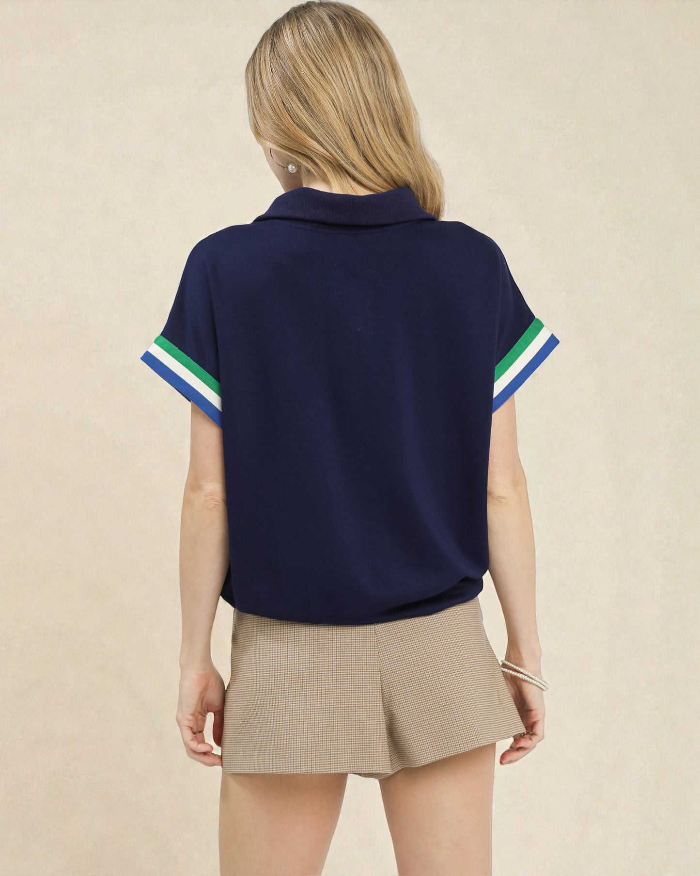 Navy Half-Zip Short Sleeve Pullover Top